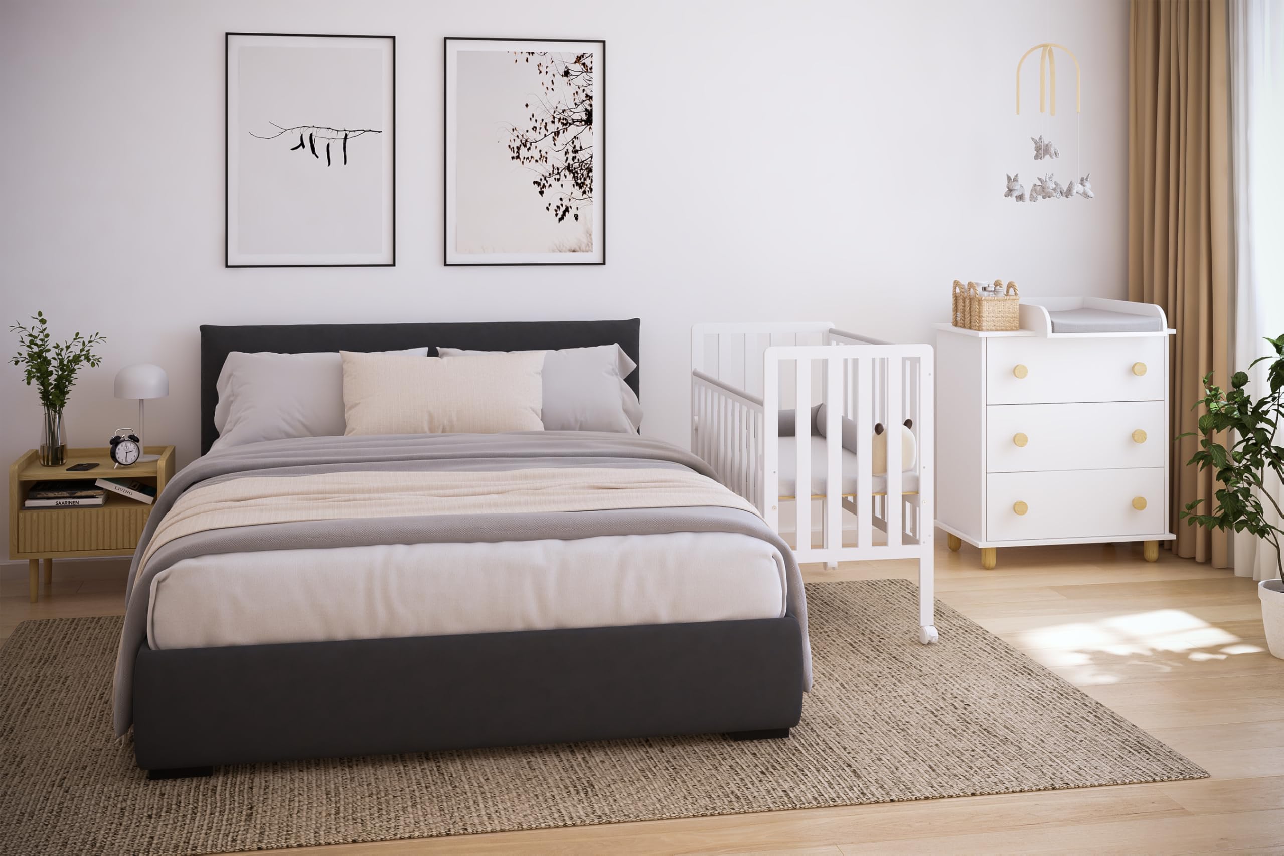 zee Bambi Cuna Colecho Bebe 100x50 cm con Ruedas Portatil Ajustable en Altura 3 Niveles Moises Bebe Convertible Estilo Escandinavo Blanca
