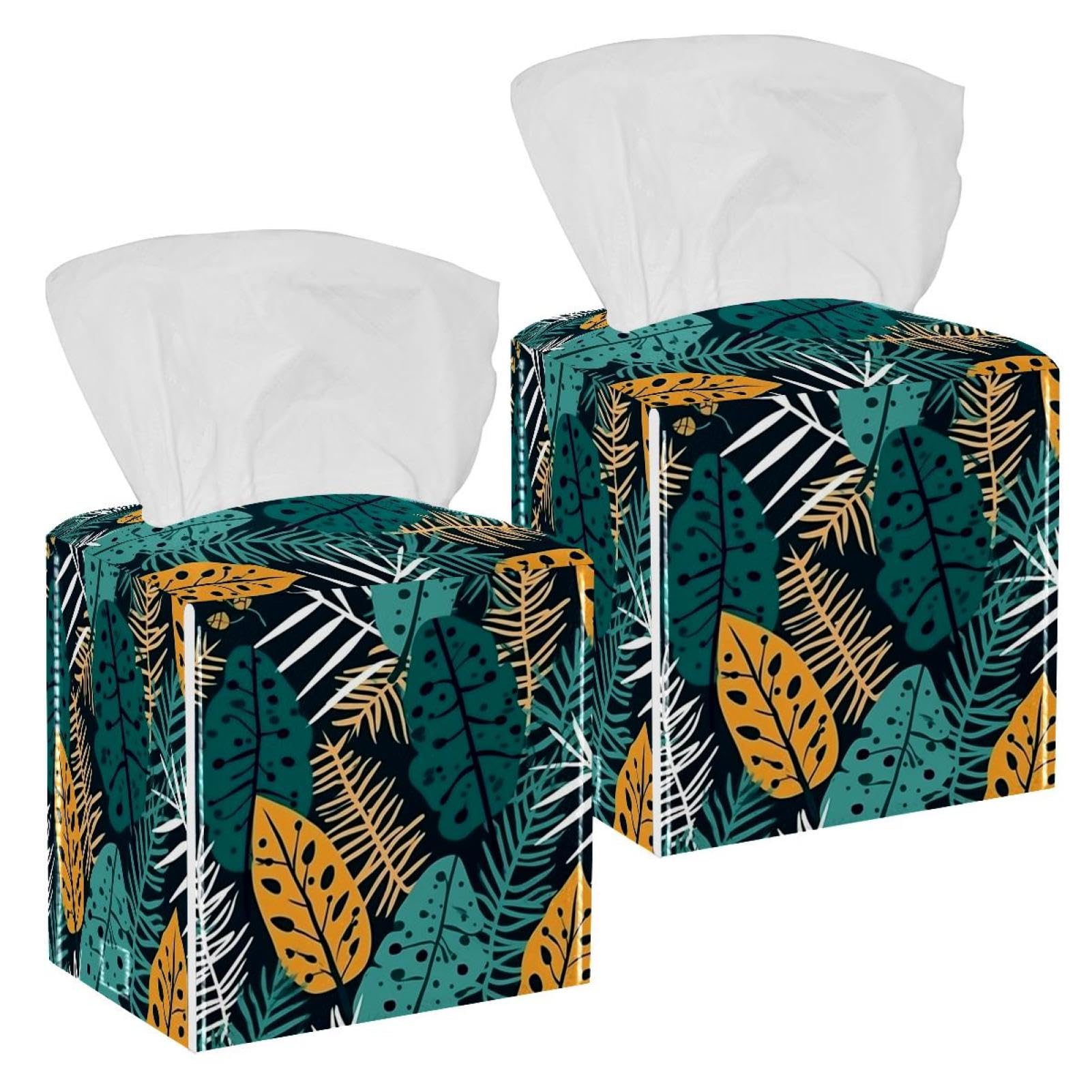 Artistic Leaves Tissue Box Cover, 2 Pack PU Leather Square Facial Tissue Dispenser Box holder for Home Office Car