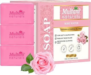 Multani Naturals Rosewater Soap for Pack of 3 Moisturizing Skin Ayurvedic Handmade Herbal Soap Gentle Cleansing & Deep Hydration Soap for Men & Women 125gms x 3