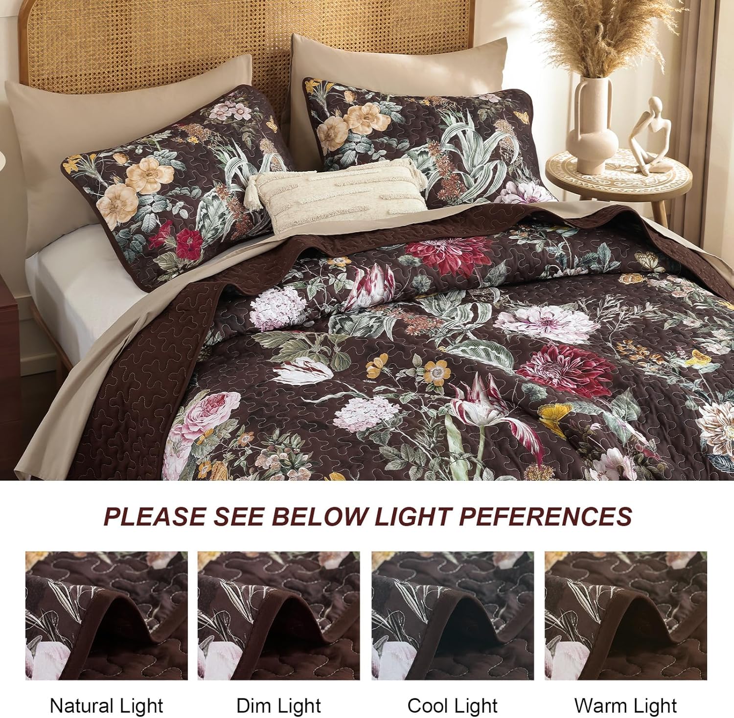 Anibedding Floral Quilt Set Queen Size, 3Pieces Black Brown Microfiber Lightweight Besspread for Bedroom Living Room All Season Use - Image 9