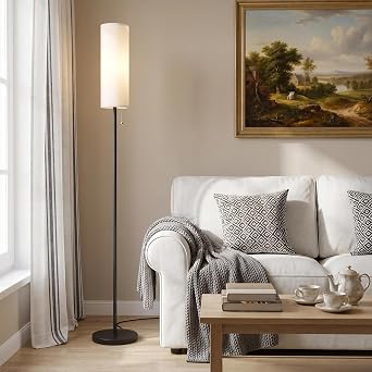 Ambimall Floor Lamp for Living Room with 3 Color Temperatures Bulb, 64" Standing lamp with Linen lampshade for Bedroom, Minimalist Pole Lamp, White Shade & Black Pole