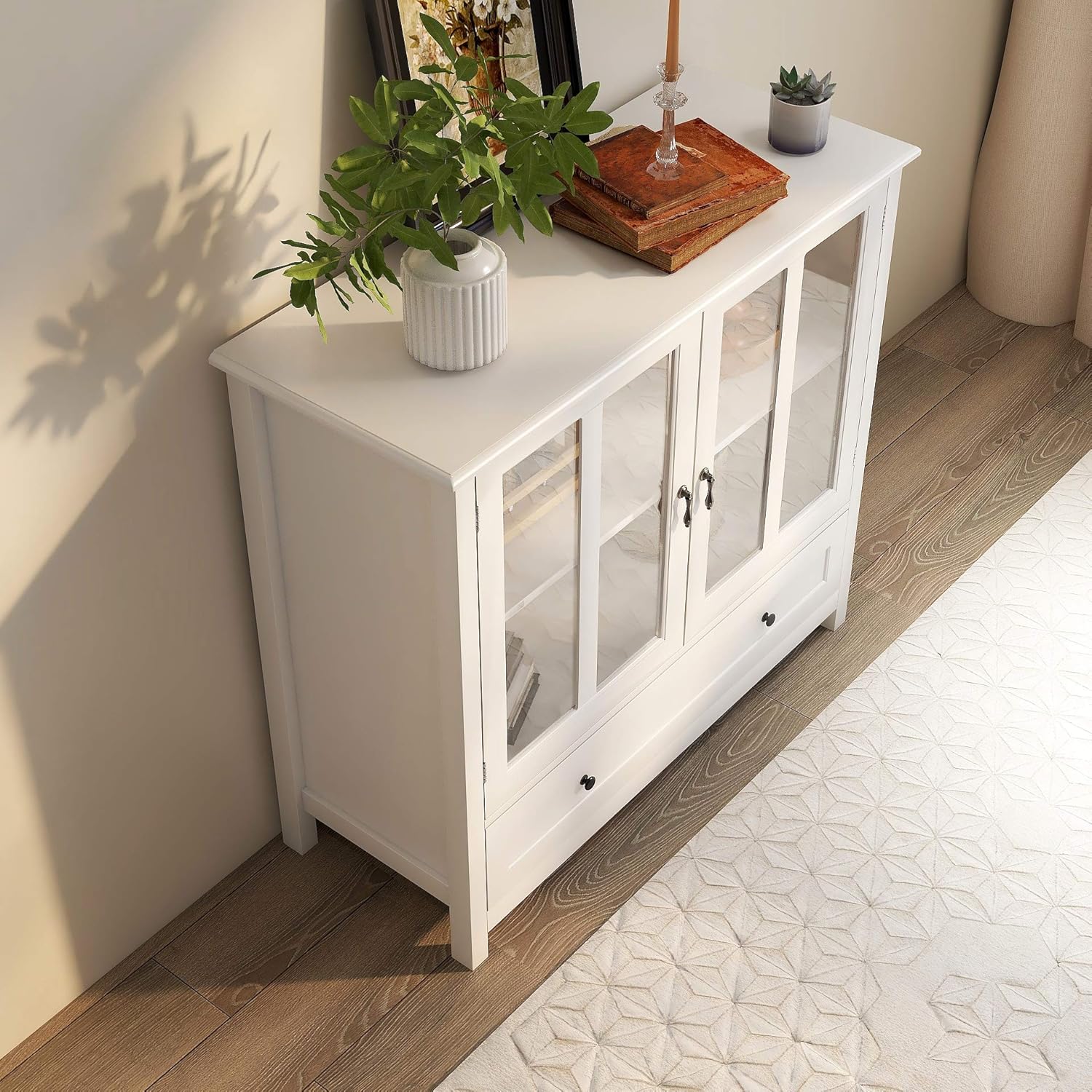 Storage Cabinet with Double Glass Doors & Unique Bell Handle, Coffee Bar Buffet Sideboard with Large Drawer for Living Room, Modern Entryway Console Table, White, 39.3''W×15.55''D×35.43''H