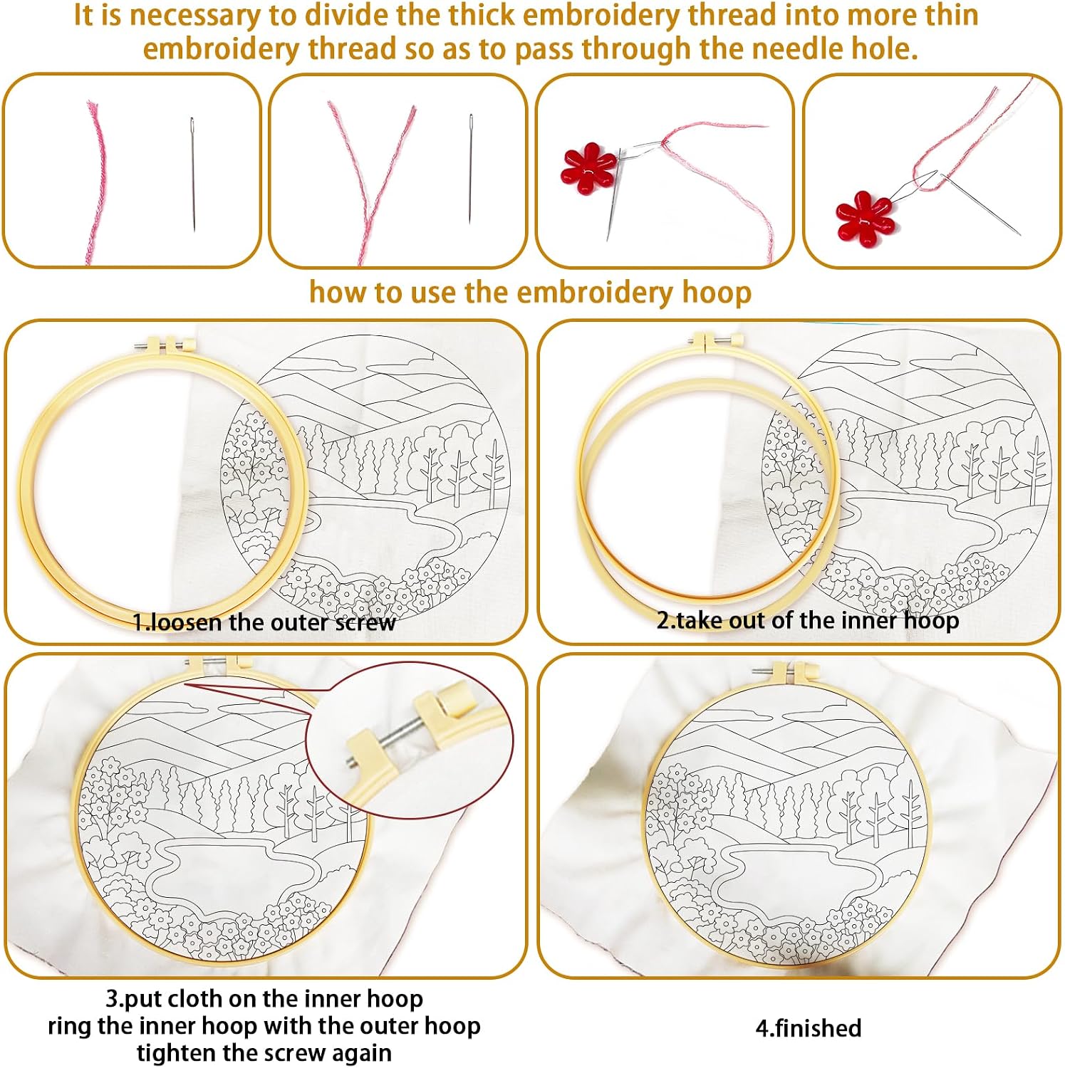 BEUNITONE 6 Pack Hand Embroidery Starter Kit for Adults with Pre-Print Scenery Pattern, Needlepoint Kits with Embroidery Hoop and Instructions, DIY Funny Craft Kits for Gifts and Home Decor