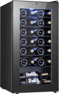 Yeego Wine Fridge, 28 Bottles Wine Cooler Refrigerator, 38-65℉ Freestanding Mini Fridge with Digital Temperature Control & Double-layer Glass Door & Blue Ambient Lights for Home, Kitchen, Office, Dorm