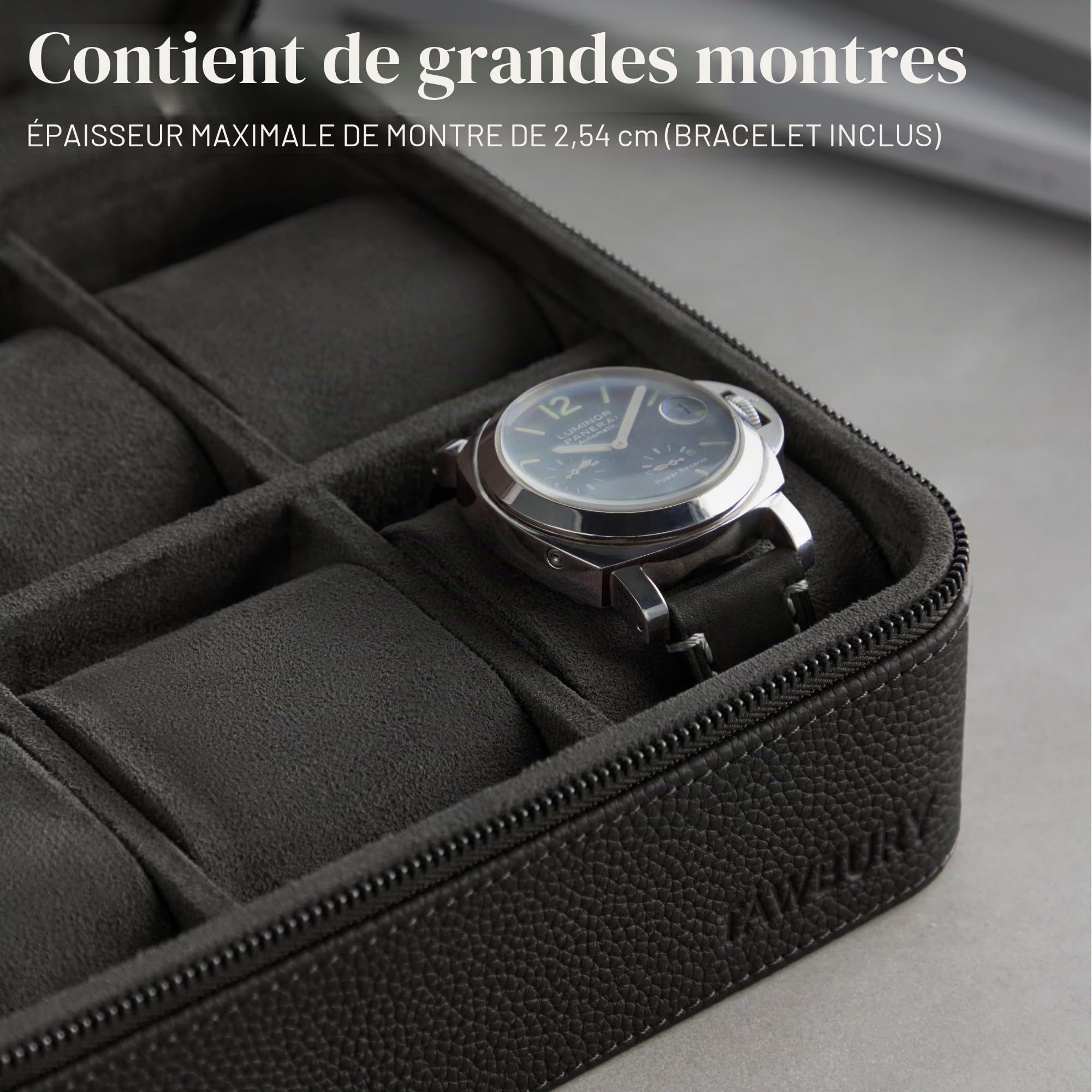 TAWBURY Boîte à Montre - Coffret en Cuir Véritable à 6 Compartiments en Grain Supérieur pour Homme & Femme avec Coussins Extra Larges pour Montres de Grande Taille - Rangement Portable pour Montre de
