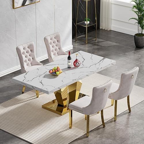 Miniatura 75 de Juego de mesa de comedor de mármol sintético, 7 piezas, juego de mesa de cocina y comedor para 6, mesa de comedor rectangular blanca de 70 pulgadas