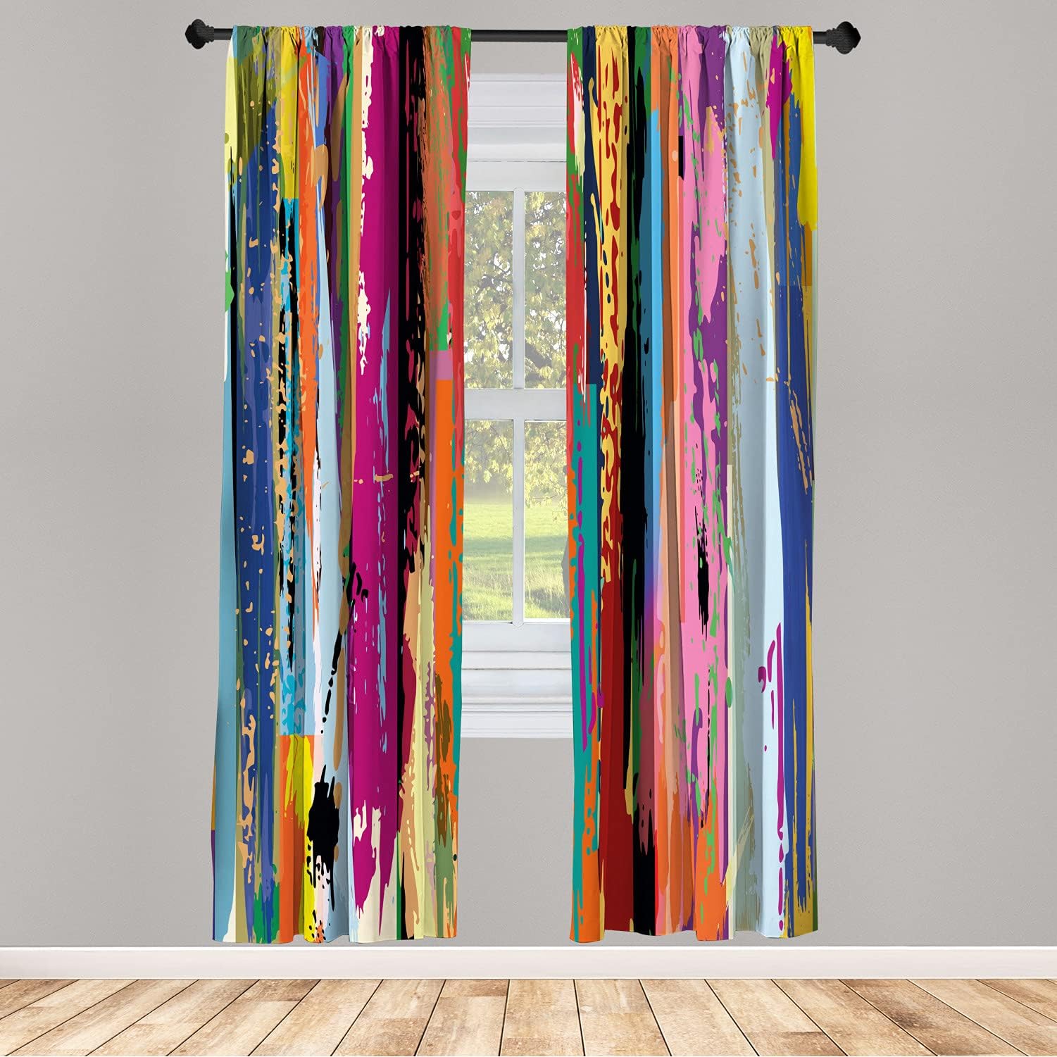 Abstract Window Curtains, Multicolored Expressionist Work of Art Vibrant Rainbow Design Tainted, Lightweight Decorative 2-Panel Set & Rod Pocket, Pair of - 28" x 84", Yellow and Magenta