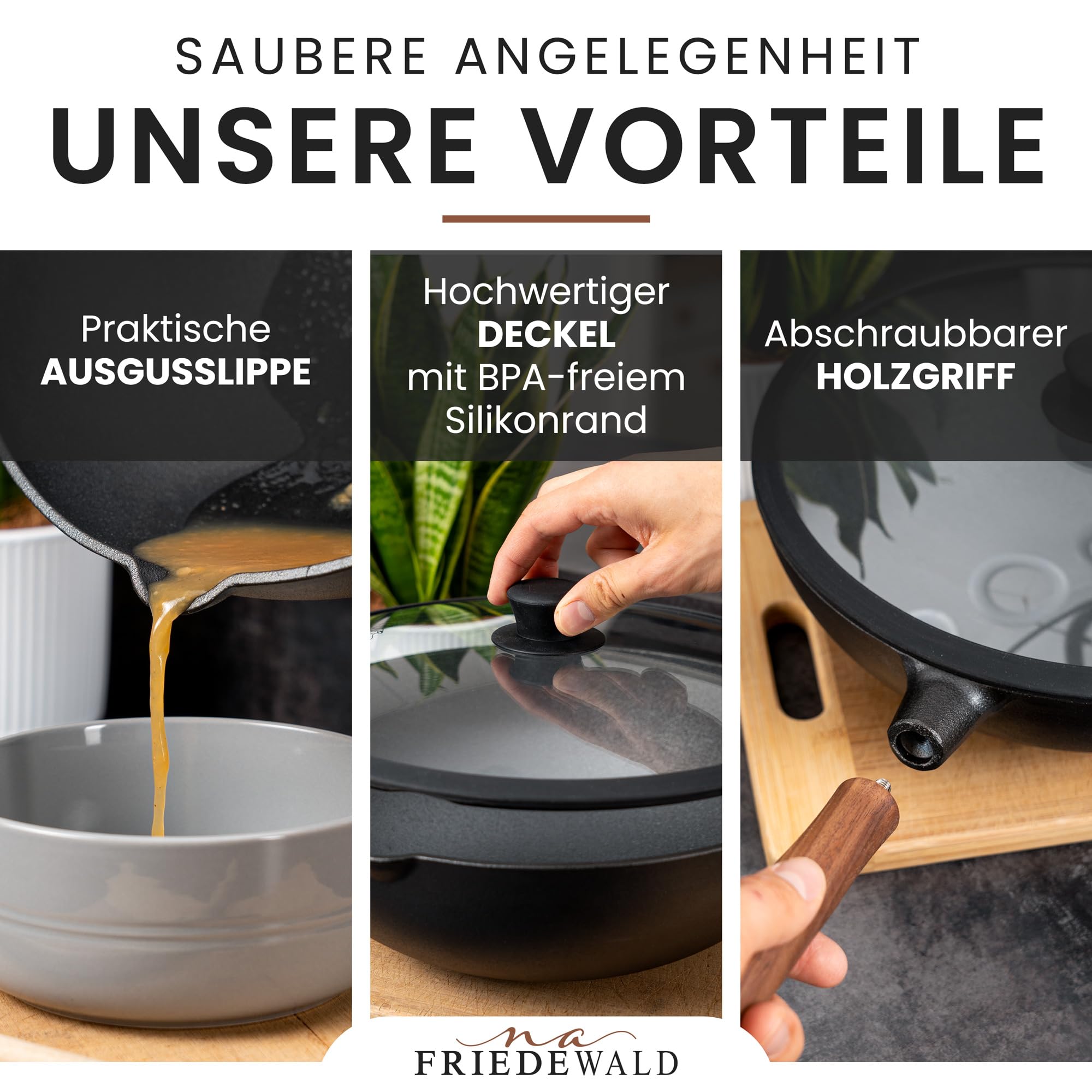 Friedewald® Gusseisen Wok mit Deckel - induktionsgeeignet - 33cm 5L / für 4-6 Personen - alle Herdarten - massive große Grill & Bratpfanne - Anti-Haft Beschichtung - hoher Rand - Schmorpfanne