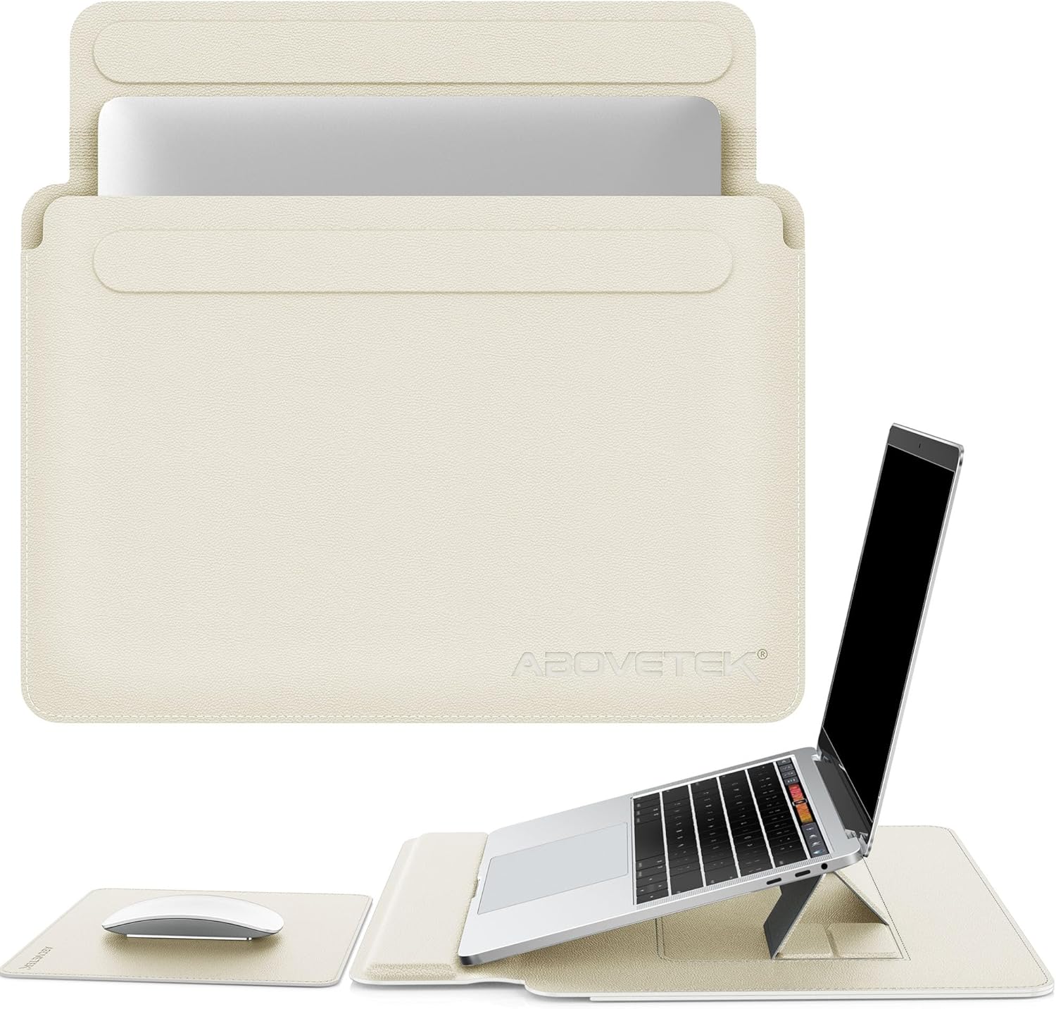 AboveTEK Laptop Sleeve Case for 13-14 inch MacBook Air/Pro, Slim Laptop Case with Stand, Ergonomic Wrist Rest & Mouse Pad, Waterproof Anti-Scratch Leather Bag for 13-14 Surface HP (Beige)