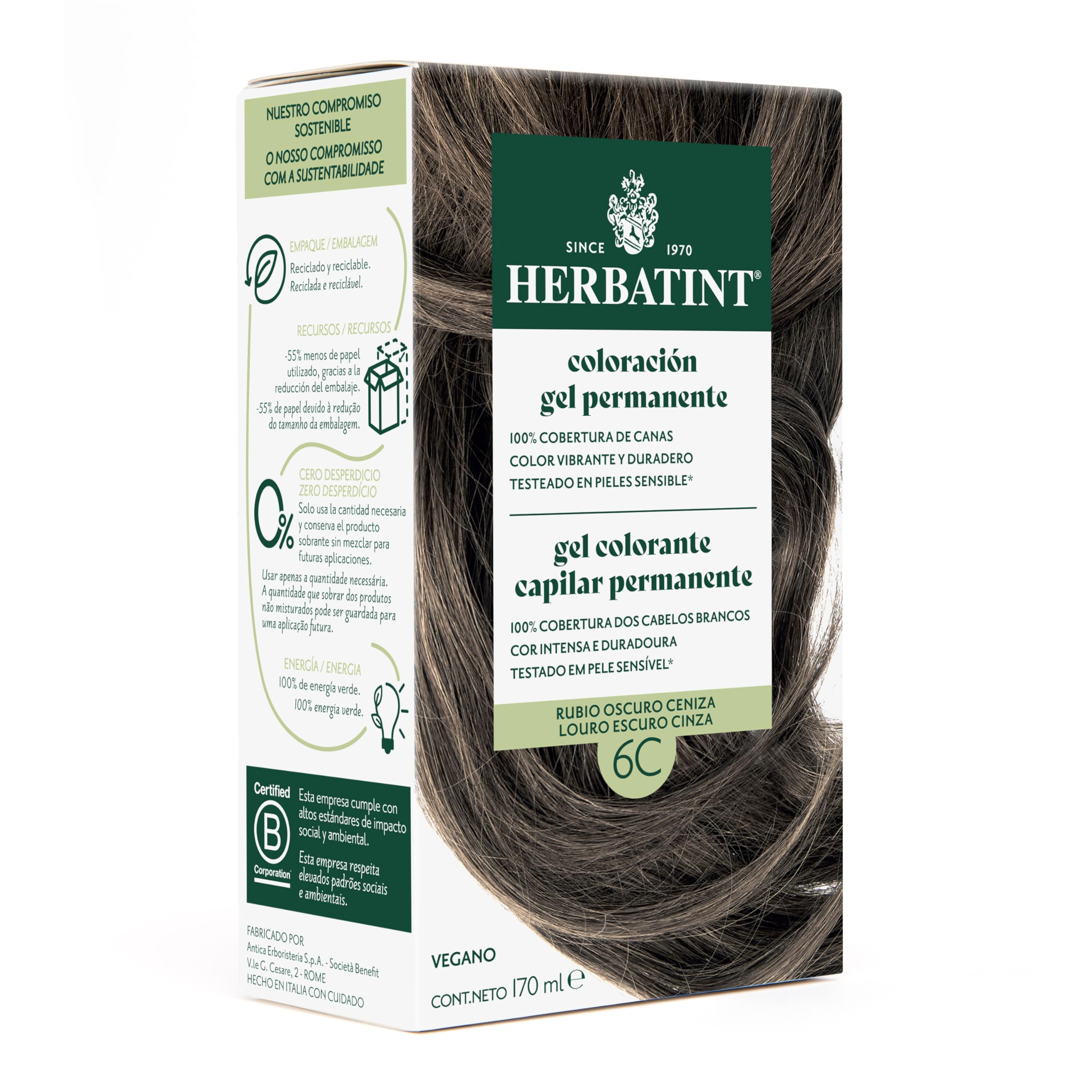 Herbatint Tinte Permanente para Cabello 6C Rubio Oscuro Ceniza - 170 ml | Sin Amoníaco, Cobertura Óptima de Canas | Dermatológicamente Probado, con 8 Extractos Naturales