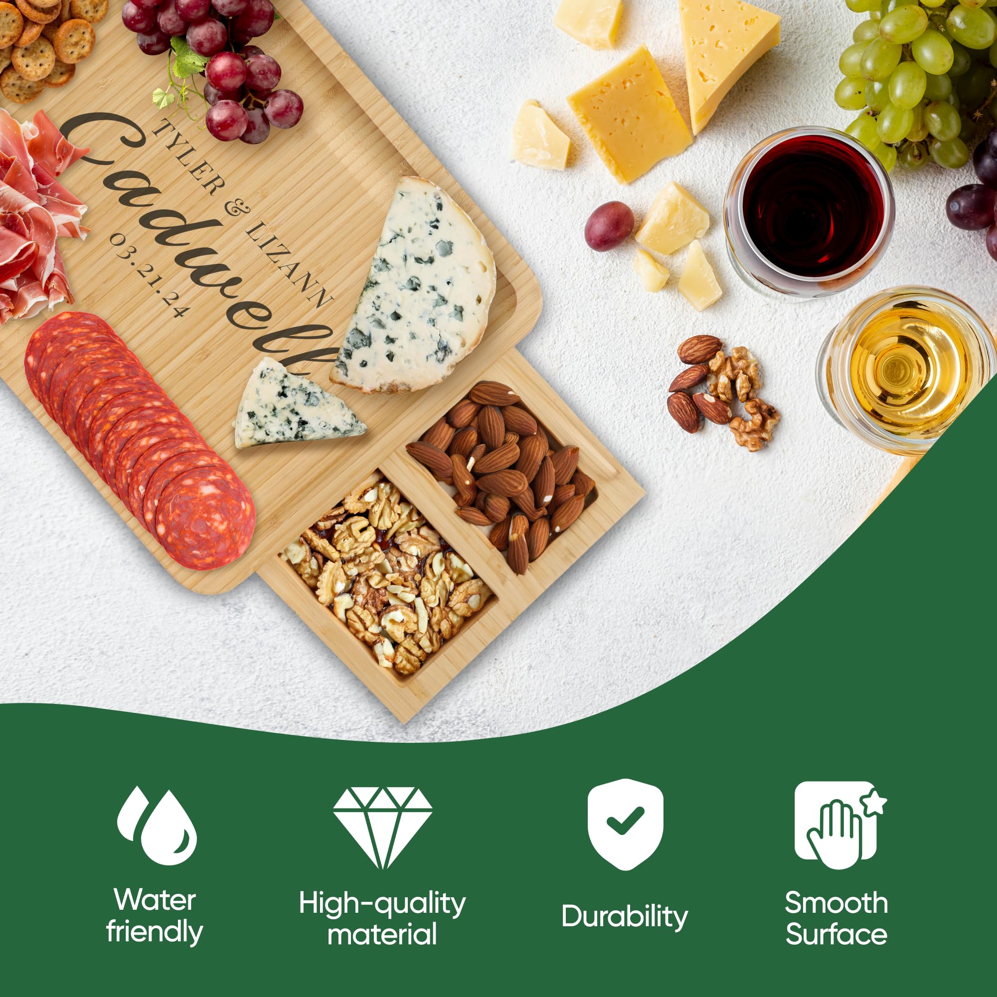 Charcuterie Boards Gift Set - Bamboo Cheese Board Set Charcuterie Tray & Serving Platter for Hosting & Entertaining, Wooden Cheese Platter, Kitchen Gifts for Women, Gifts for Home, Wedding & Birthday: Engraved Board with 2 Drawers