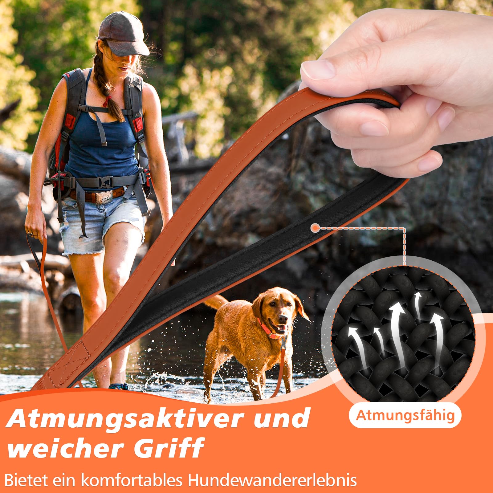 X XBEN Guinzaglio per Cani 15 Metri, Addestramento con Maniglia Imbottita, Lunghina Gommato Impermeabile, Moschettone, Resistente per Tutti i Cani, Arancione Fluo