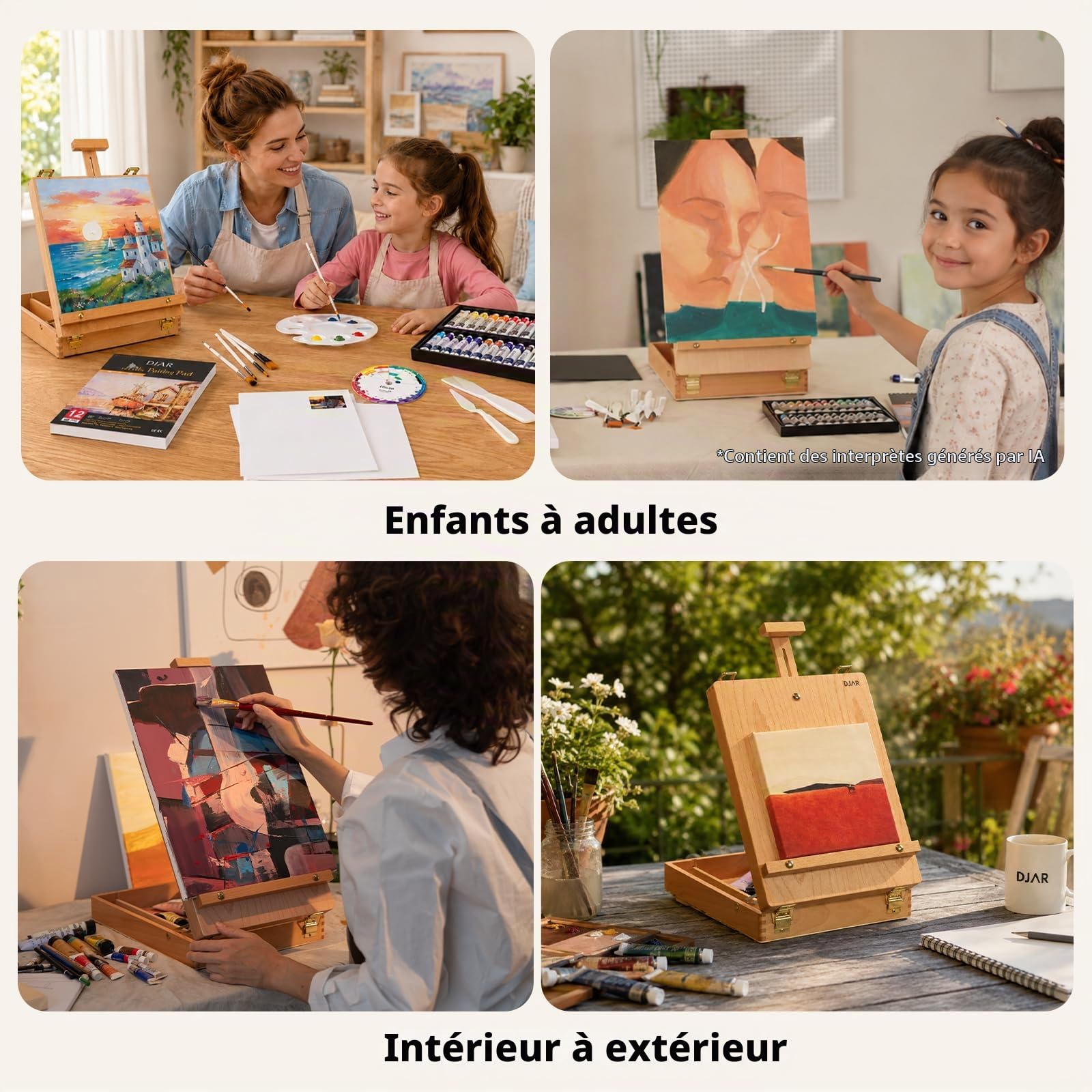 DJAR Chevalet de Table en Bois de Hêtre Massif, Boîte à Croquis de Bureau Portable avec Rangement, Réglable pour Toiles jusqu'à 53 cm, pour Artistes et Débutants