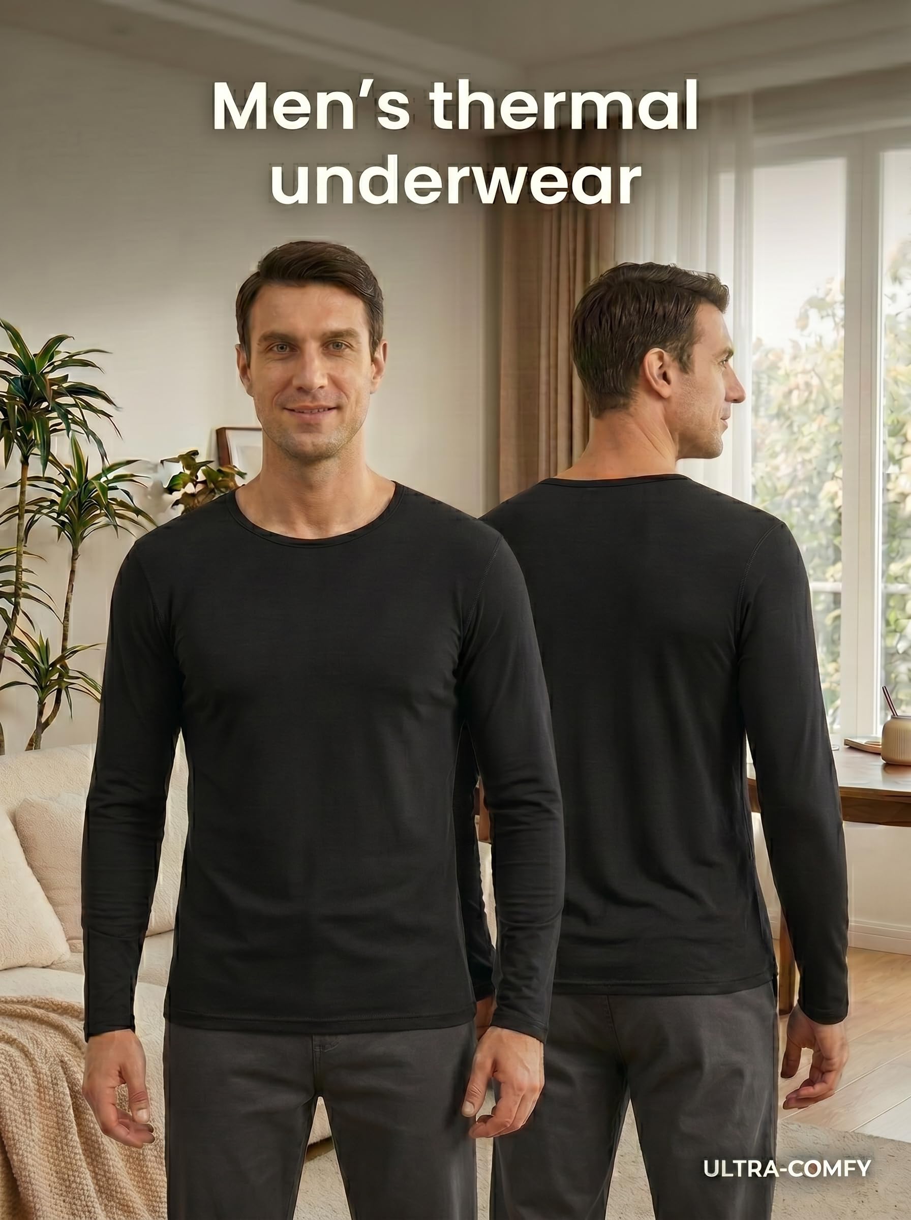Lot de 2 sous Vetement Thermique Homme Maillot de Corps à Col Rond Manches Longues Hiver sous-Vêtements Haut Chauds Ultra Doux Base Layer
