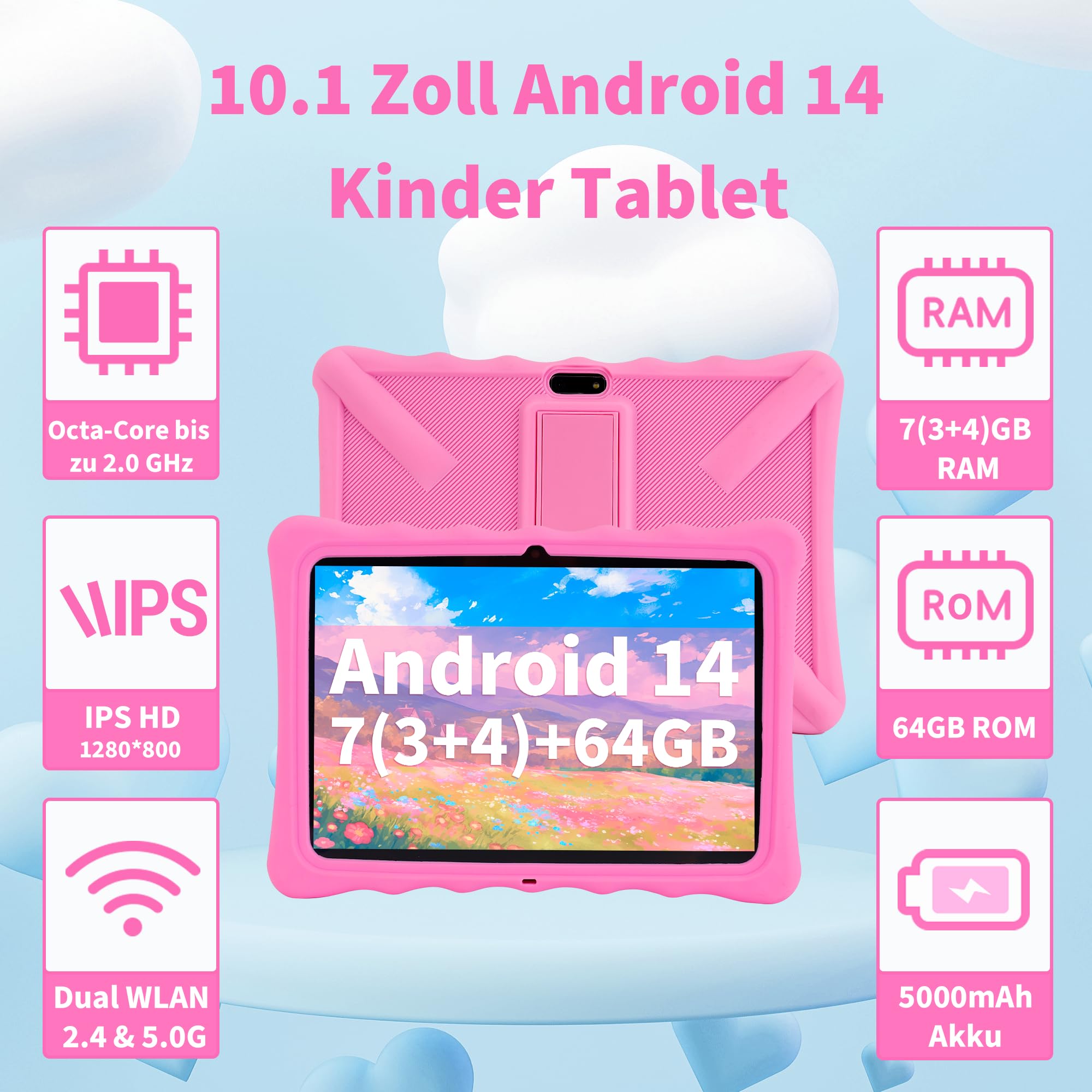 Veidoo Kinder-Tablet – 25,7 cm (10,1 Zoll) IPS-Augenpflege-Bildschirm, 7 GB (3 + 4) RAM, 64 GB ROM 512 GB erweiterbar, Dual-Kamera, WiFi 6, Octa-Core-Kindersicherungs-Tablet mit Silikon-Schutzhülle