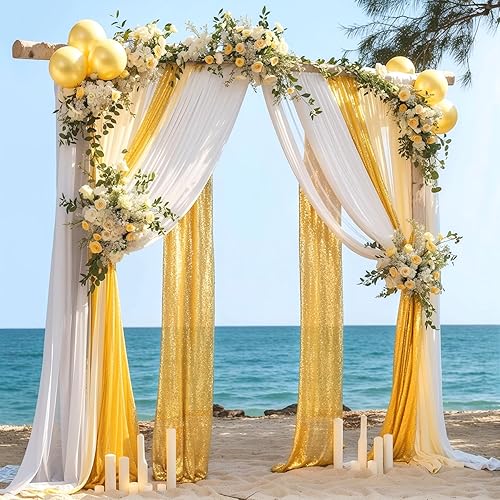 Miniatura 6 de Tela para Cubrir Arco de Boda, 1 Panel de 28" x 19 pies de Tela de Gasa Blanca y 1 Panel de 16" x 19 pies de Tela de Gasa con Lentejuelas Dorada,