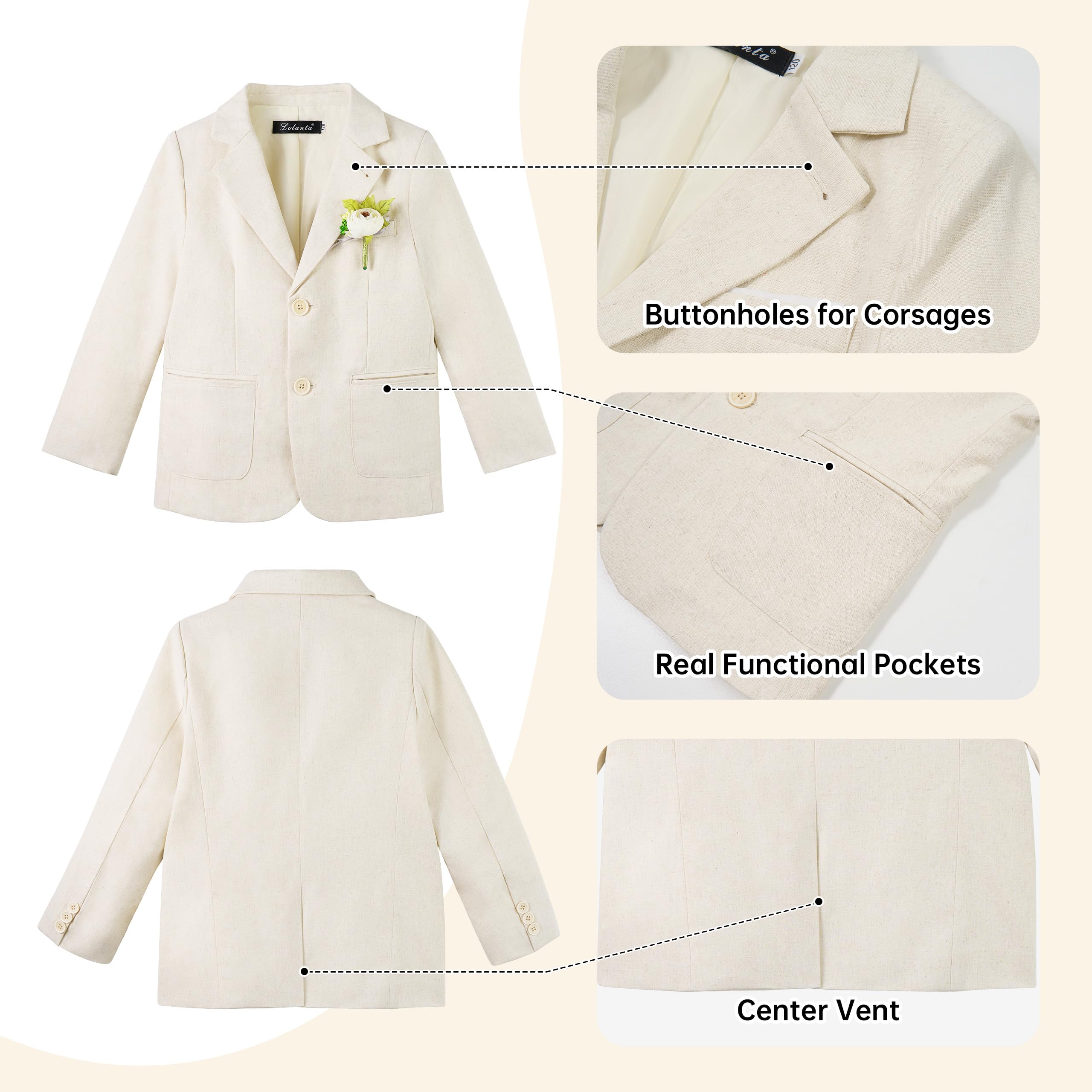 LOLANTA 2 Pièces Costume Mariage Garçon en Lin, Ensemble Veste Cintrée et Pantalon Costume Formel Enfant pour Baptême, Cérémonie, Bal, Fête d'anniversaire, Tenue de Page Élégante