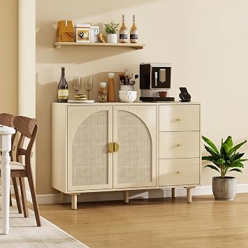 vistavie Rattan Sideboard Buffet Cabinet with 2 Doors and 3 Drawers, Rattan Cabinet with Charging Station, Storage Wood Console Table for Dining Room, Living Room, Kitchen Natural