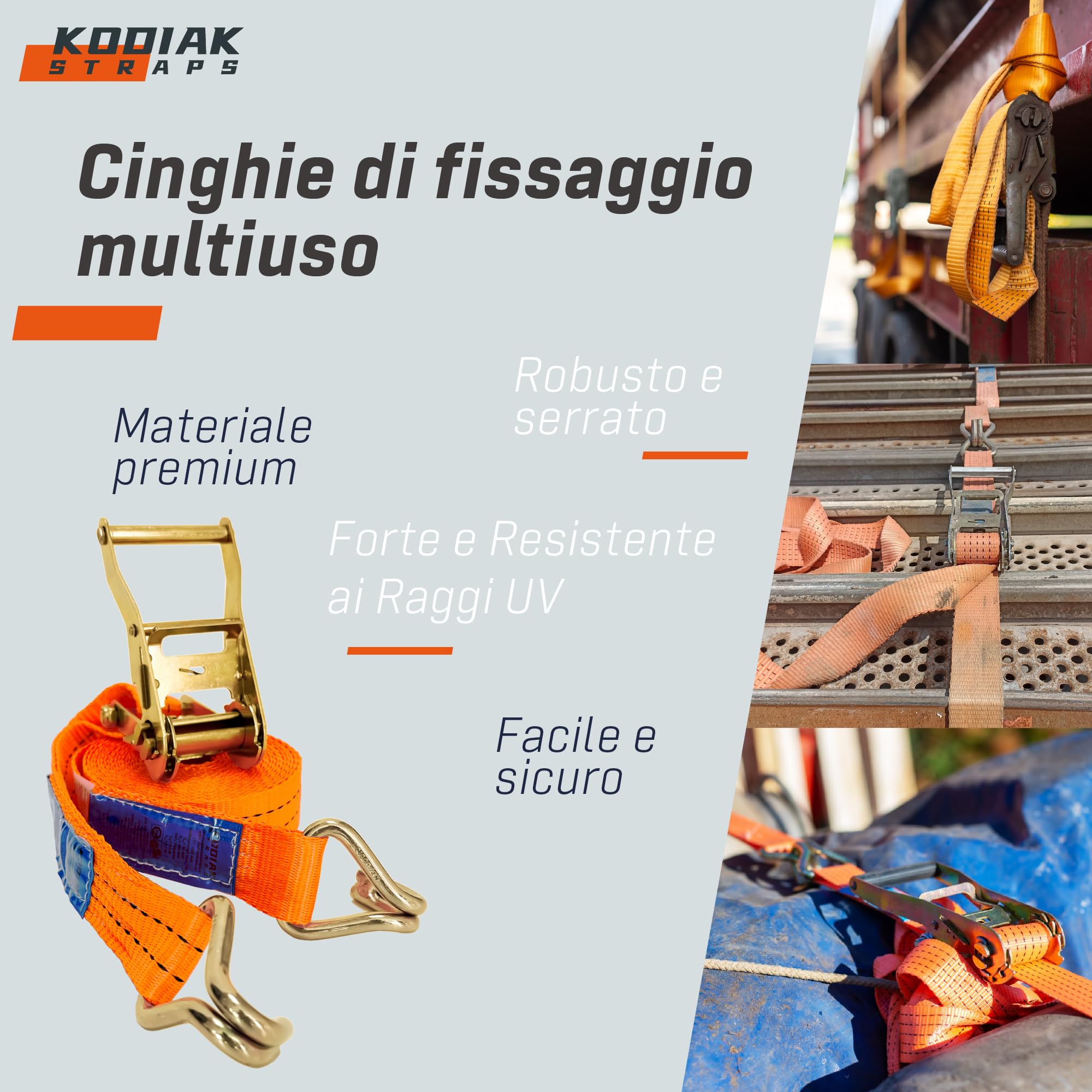 10 Cinghie di Tensione 6m x 2000kg con Cricchetto e Ganci - Cinghie a Cricchetto da 35mm - Cinghia Arancione per la Sicurezza del Carico - Certificato TÜV/GS e secondo DIN EN 12195-2 - KODIAK STRAPS