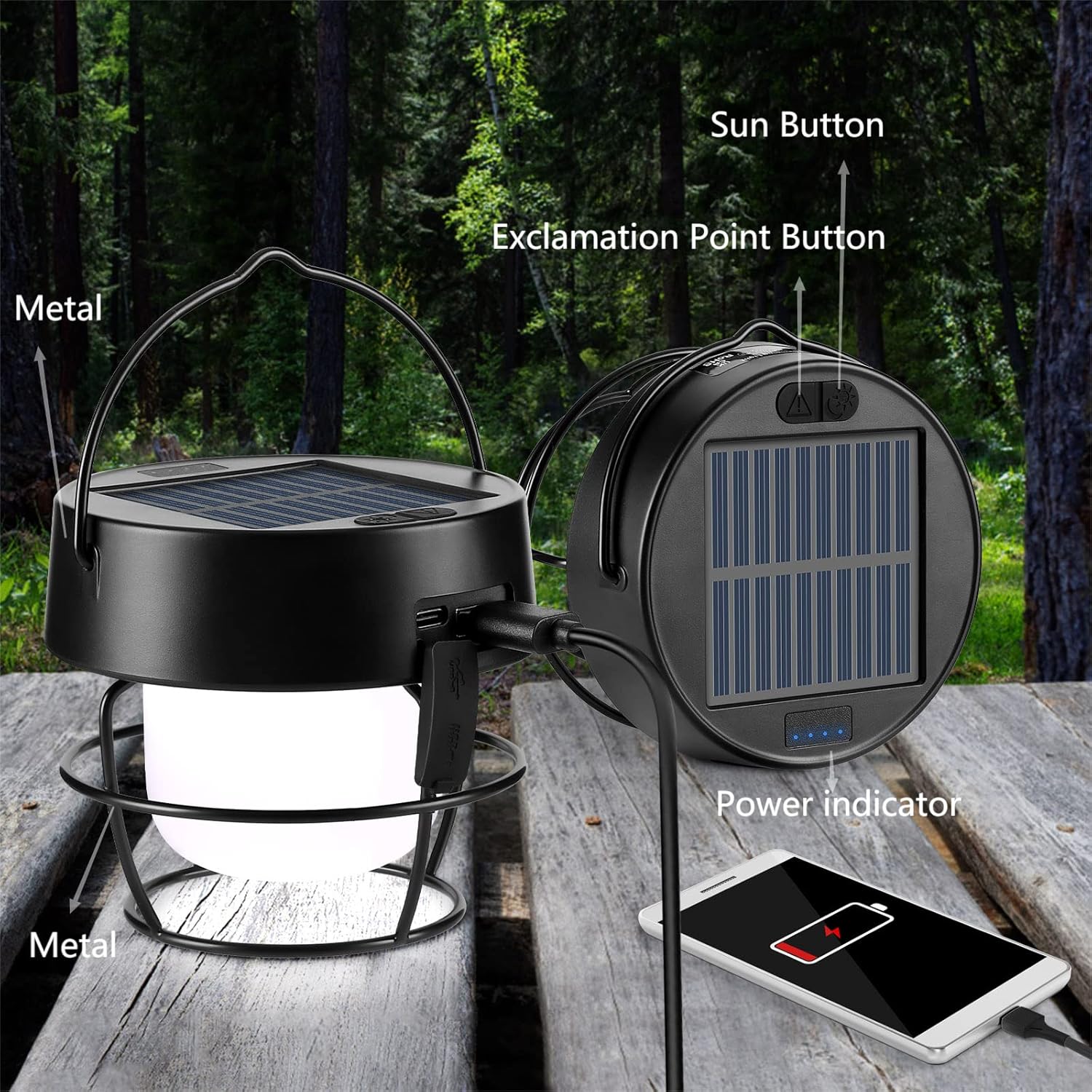 Solar Camping Lantern-USB C Charging,Rechargeable Lanterns for Power Outages,4 Light Modes,Adjustable Brightness,Waterproof Tent Retro Metal Lamp with Power Bank-for Emergencies,Hurricane