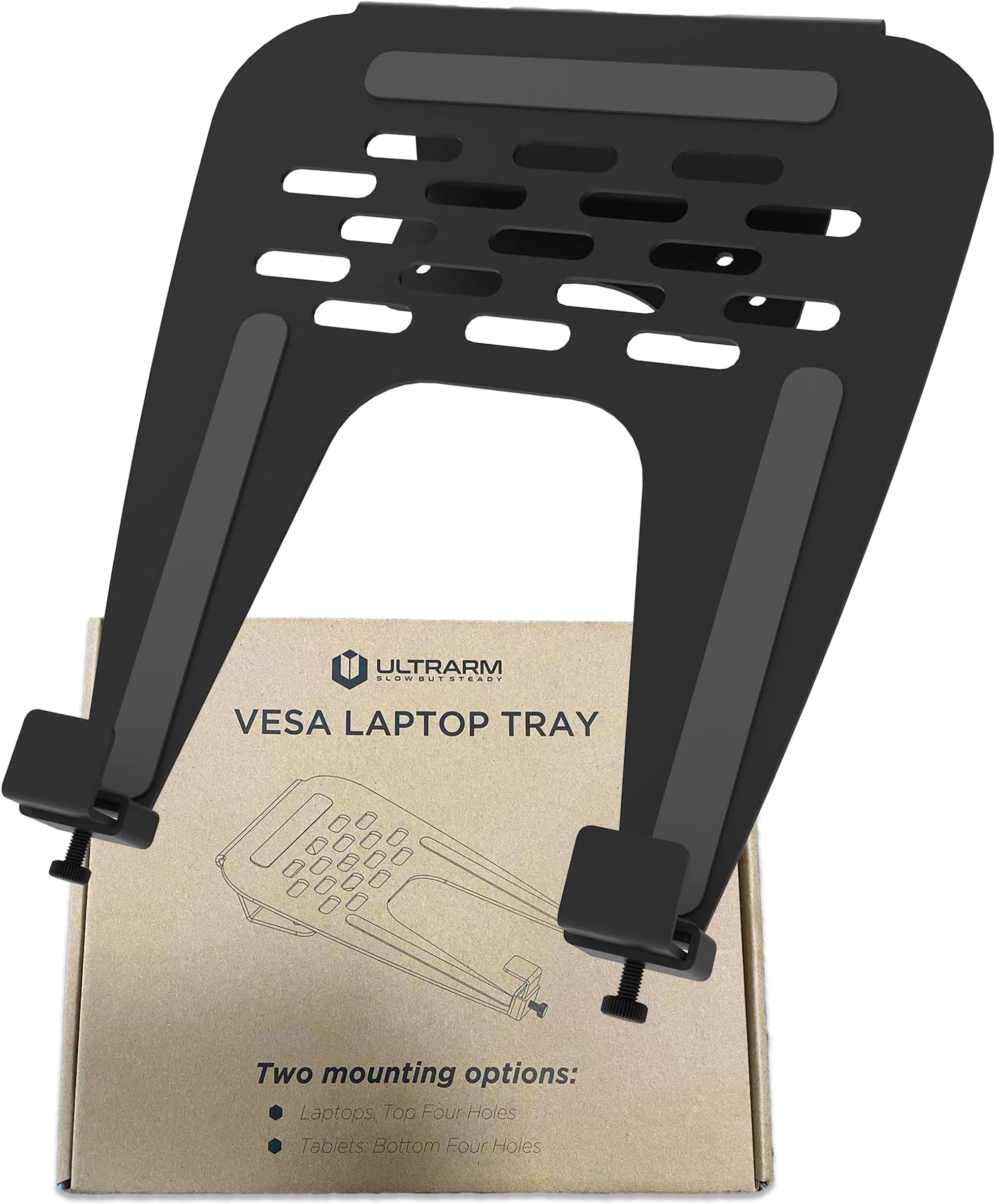 ULTRARM Laptop Tray Steel Notebook Holder for Monitor Arm Desk Mount Stand Fits VESA 75/100 Mounting Holes 13KGS Capacity with Vented Cooling Platform Smooth Laptop Access Design, Black, MAAC-L