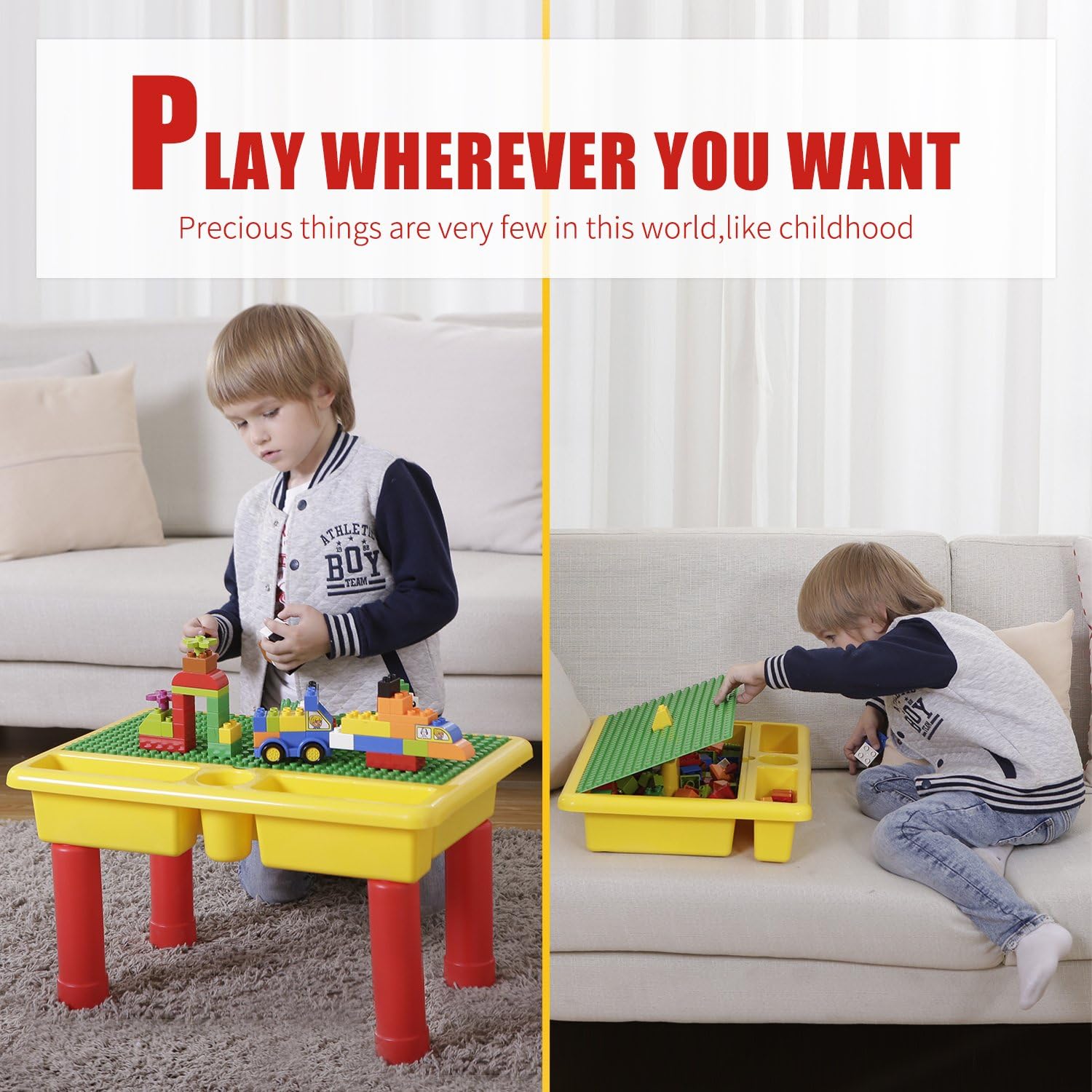 burgkidz Kids 2-in-1 Block Table with Baseplate Board and 68 Piece Large Building Blocks, Children Educational Toy Classic Big Building Bricks Desk, Primary Colors