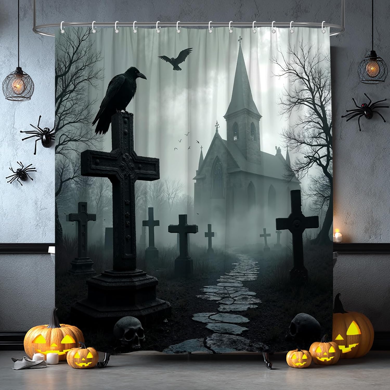 Halloween Shower Curtain Black Crow Gothic Castle Horror Spooky Cemetery Scary Skull Dead Tree Forest Bat Bathroom Curtain Fabric with Hooks(70" Wx84 H)