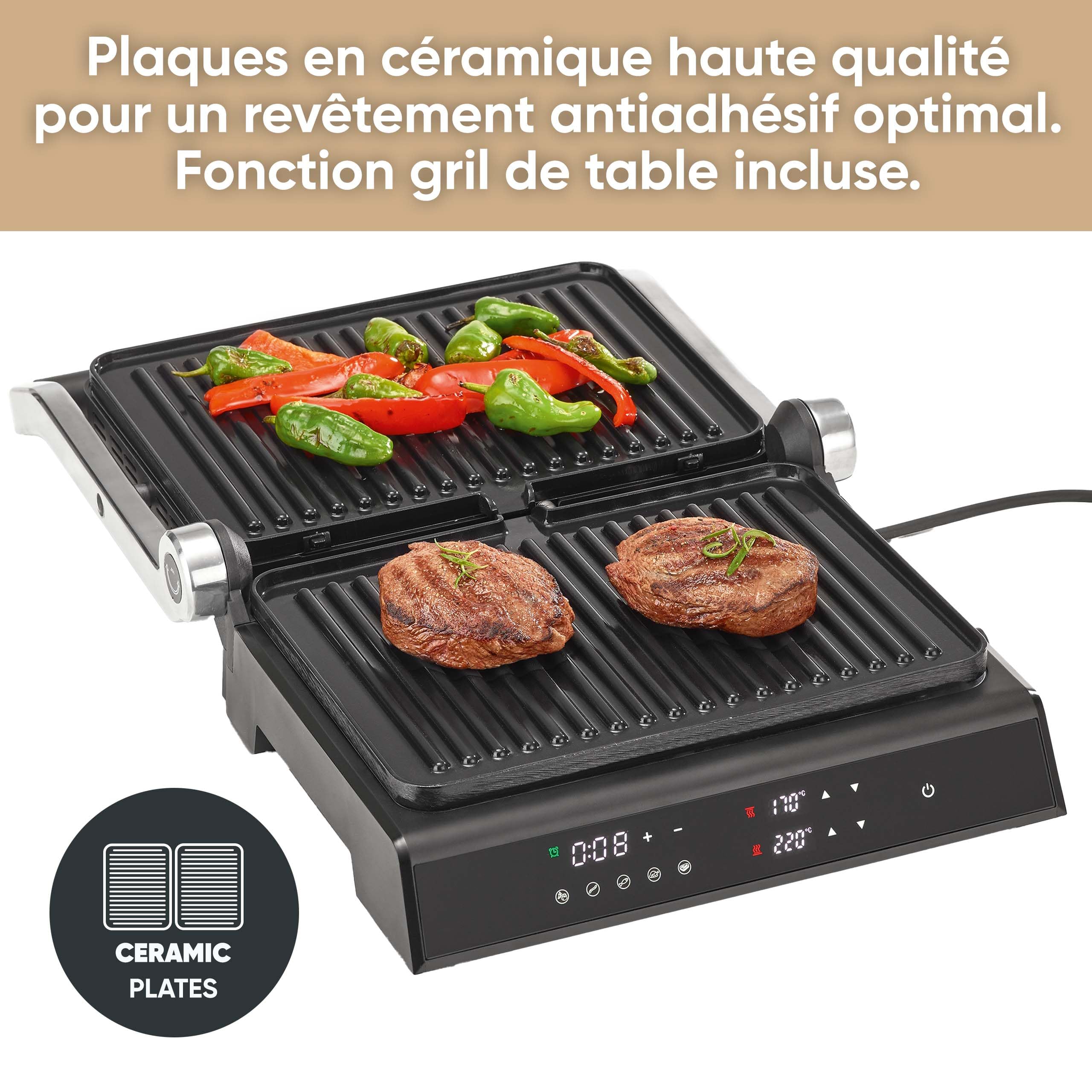 SEVERIN SEVINI COMFORT Multi-gril viande 5 programmes, Gril avec fonction plancha, Gril électrique multifonction pour légumes, steaks et paninis, Plaques avec revêtement céramique, Noir/Inox, KG 2399