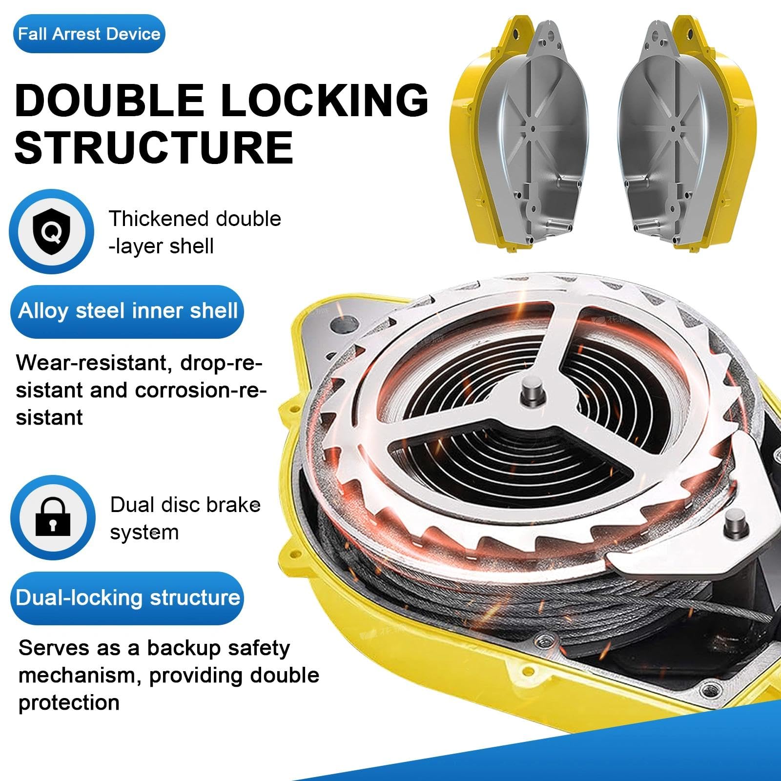 Dispositivo Anticaduta Retrattile Certificato CE, Dispositivo di Sicurezza Anticaduta con Gancio Girevole a 360°, Anticaduta a Richiamo Automatico per Lavori ad Alta Quota, 150kg(Giallo,20m)