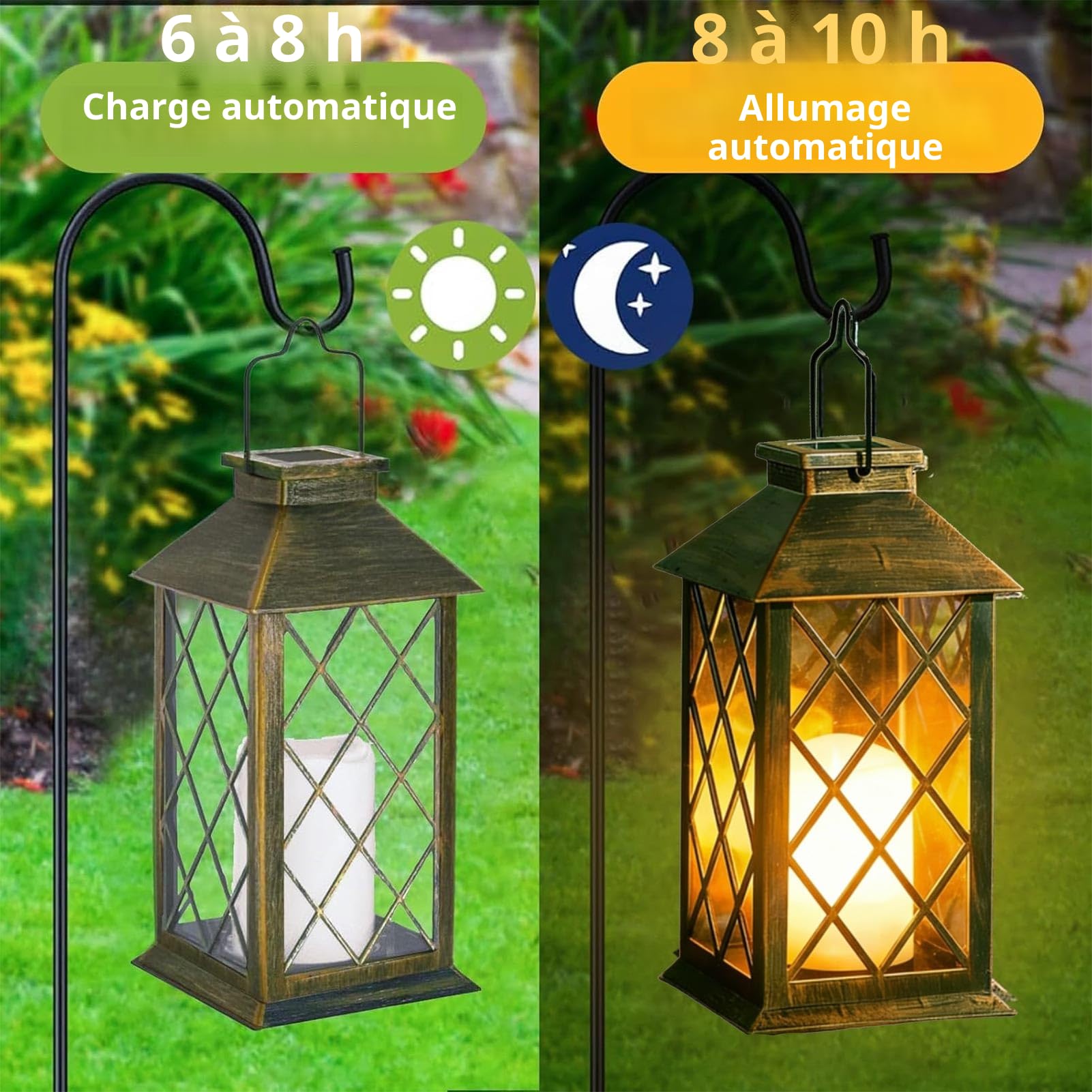 Joycome Lanterne Solaire Exterieur, 2 Pièces Lampe Solaire Exterieur Jardin avec Bougie a Poser/Suspendre, IP44 Étanche Lanterne Extérieur pour Jardin Terrasse Table Balcon Cimetière Pergola - Bronze
