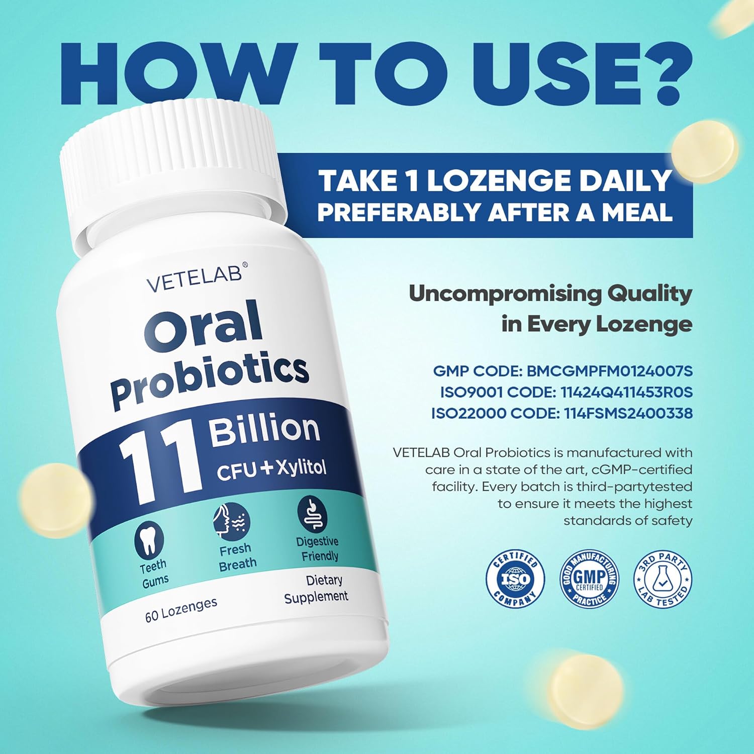 Oral Probiotics for Mouth Bad Breath - 11 Billion CFU Chewable Probiotics for Teeth & Gums, Dry Mouth, Gum Restore, Fresh Breath, Chronic Halitosis & Gut Health, 60 Lozenges - Image 6