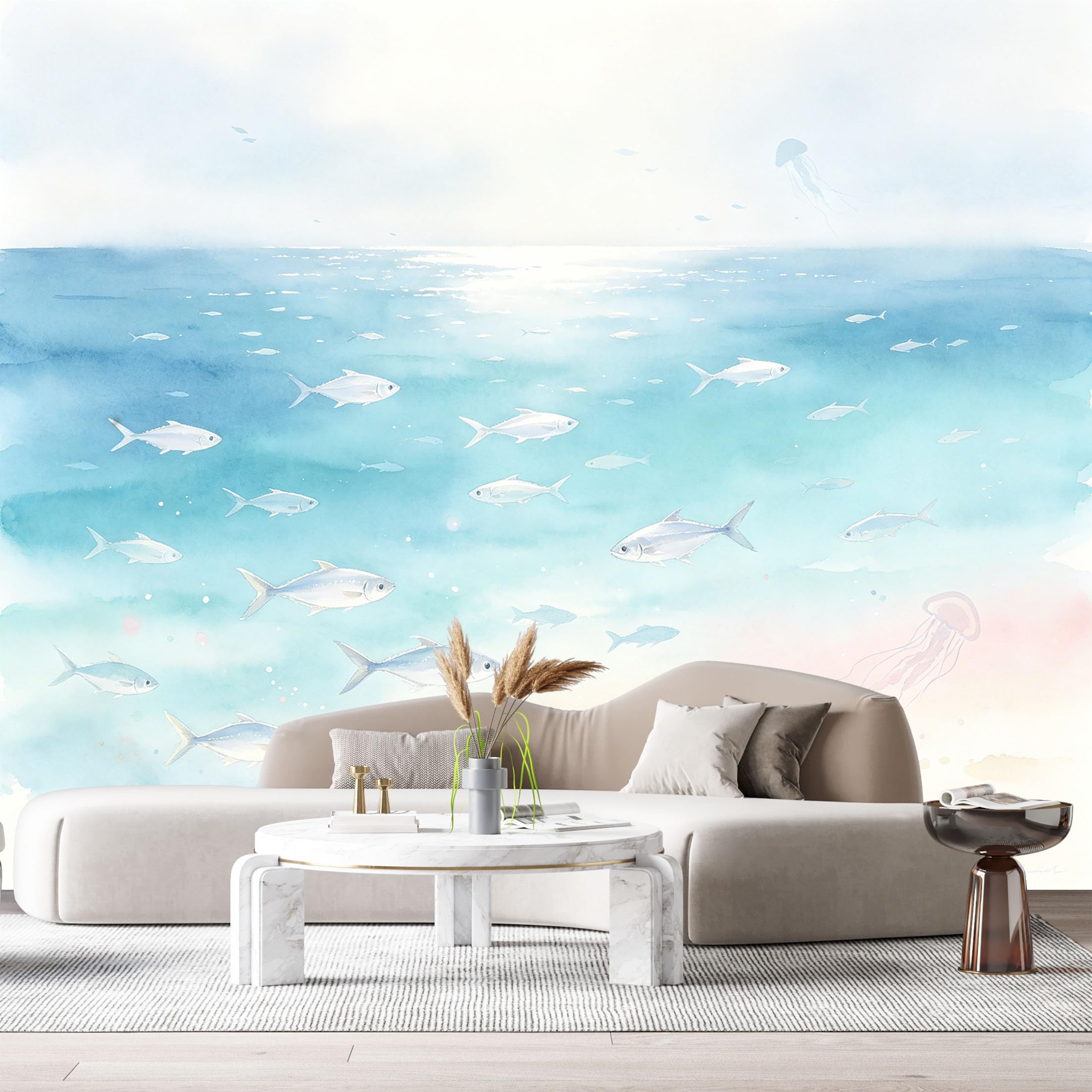 Custom Size Wall Murals Ocean Marine Watercolor Fish Jellyfish SelfAdhesiveWall Fabric Removable Wallpaper Wall Decor for Living Room Bedroom Bathroom