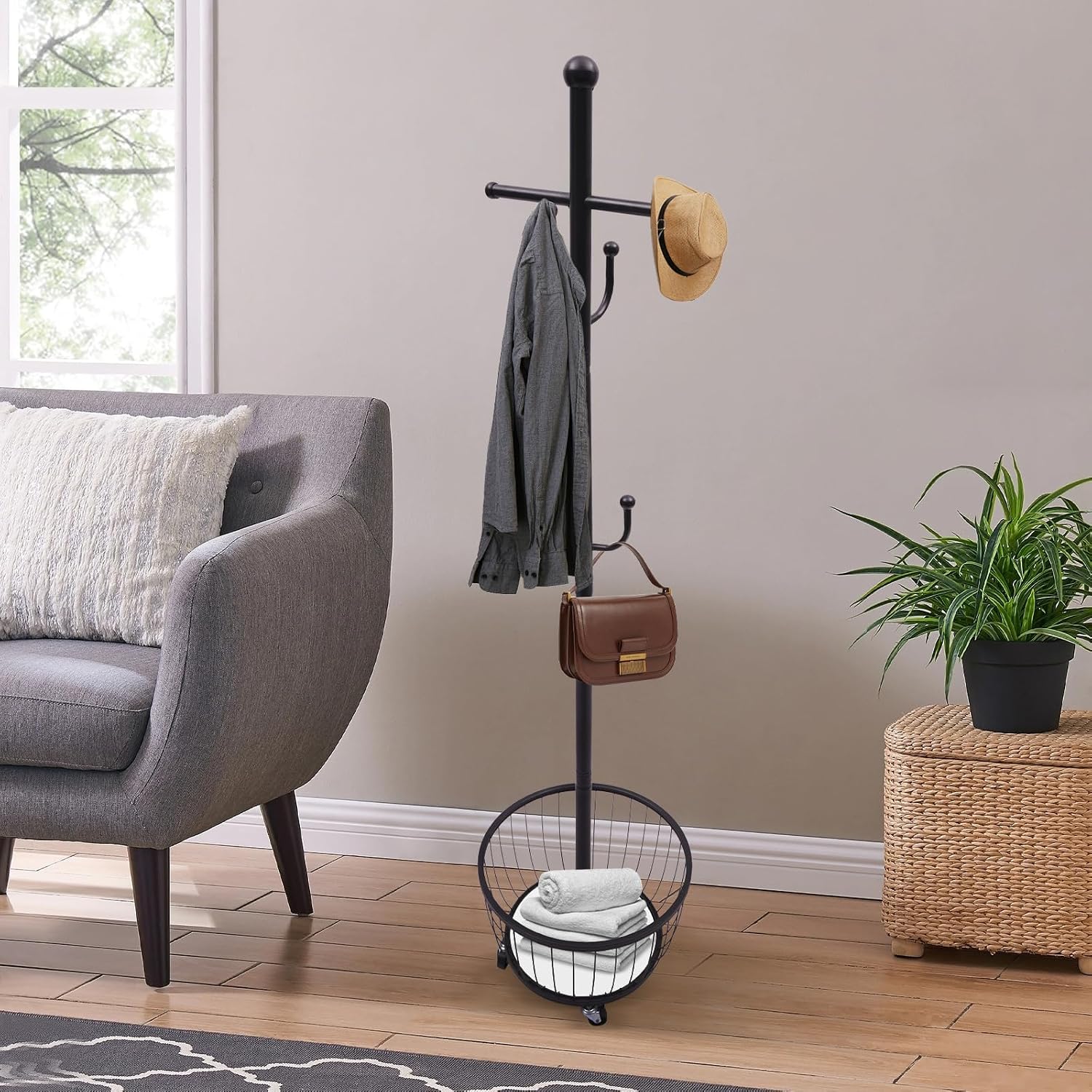 Coat Rack Freestanding,Entryway Coat Hanger Stand with Storage Basket,Standing Carbon Steel Coat Tree with Mobile Wheel and 6 Hooks,Hat Hanger Organizer for Living Room,Office Black (Black)