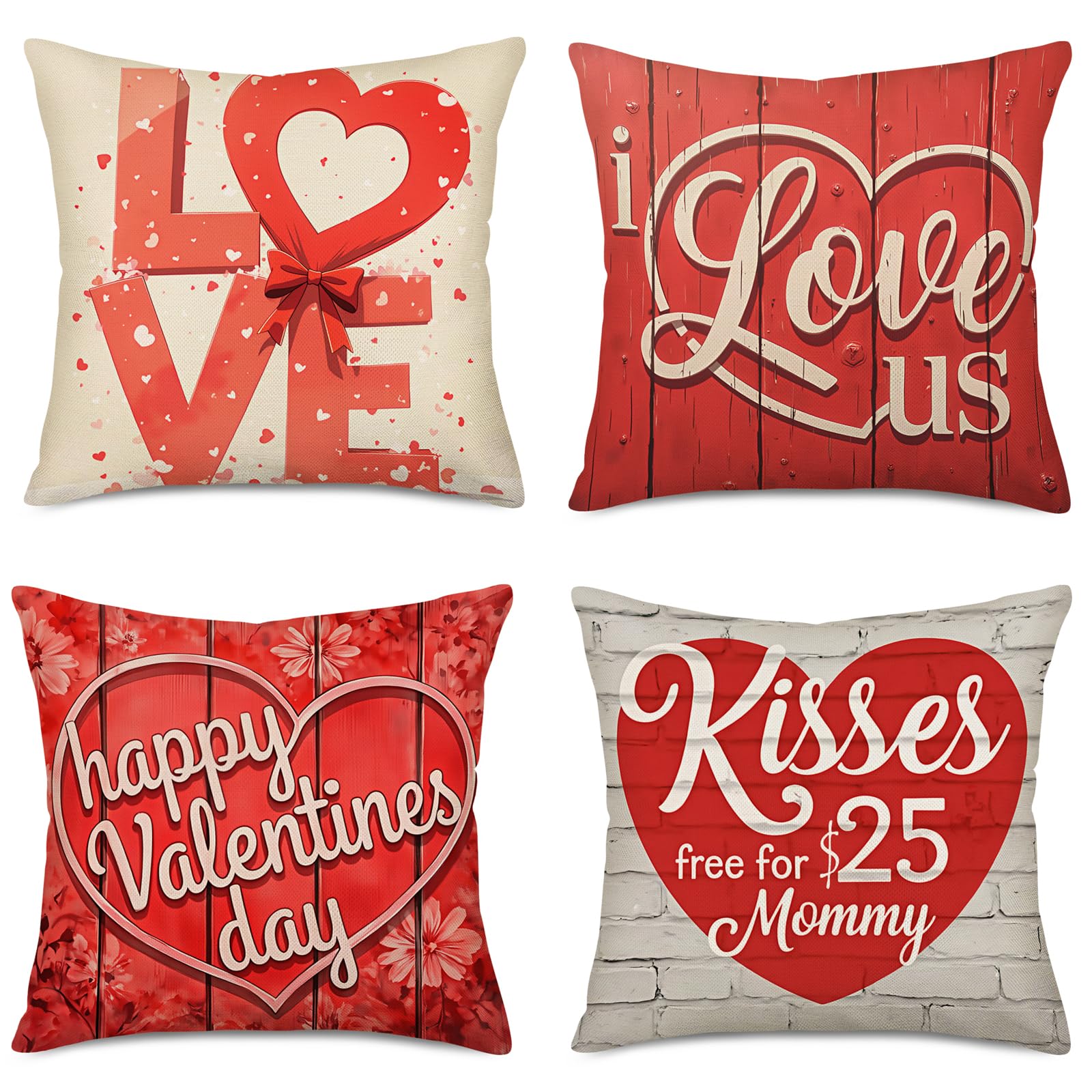 Fukeen Happy Valentine’s Day Throw Pillow Covers 18x18 Inch Set of 4 I Love Us Red Hearts Flower Bowknot Pillow Cases Anniversary Wedding Farmhouse Decoration Cushion Cover for Sofa Couch