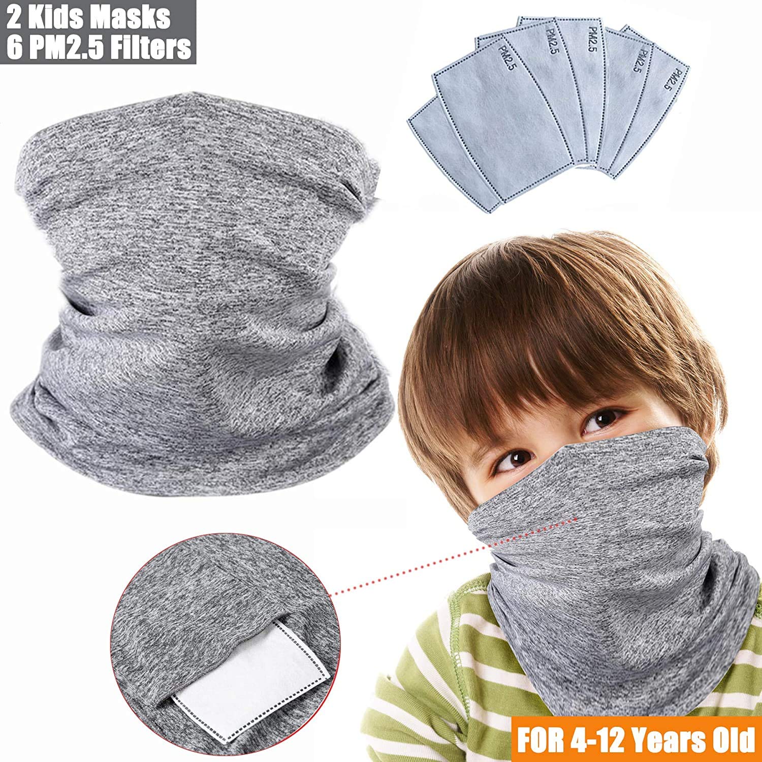 Seamless Kids Face Masks with 6pcs PM2.5 Filters, Multifunctional Headwear Sports-Headbands Neck Gaiter, Breathable Bandanas Balaclava for Sun UV, Dust Protection, Outdoors - 2 Pack