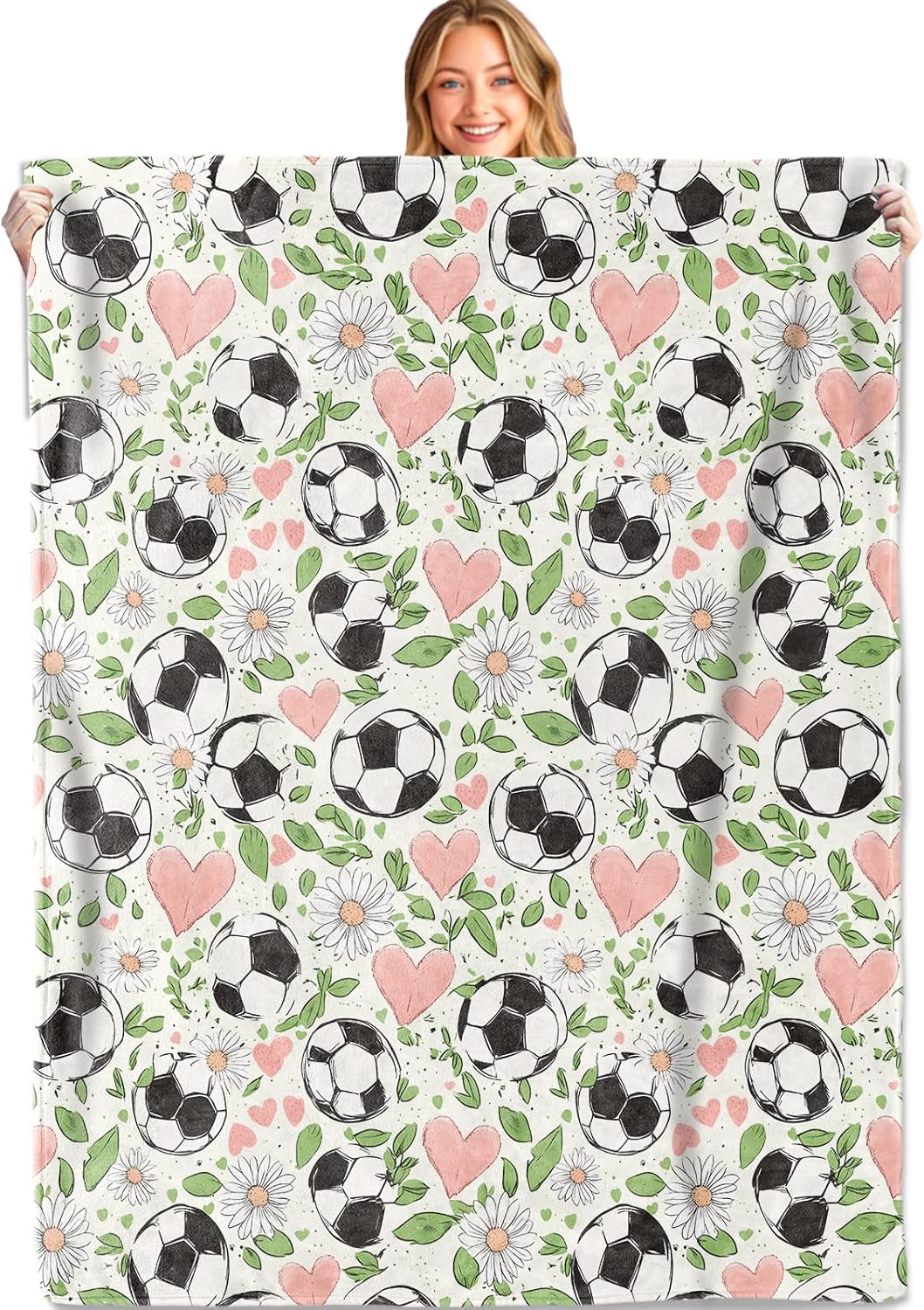 Soccer Throw Blanket,50x60in,Soft,Lightweight Flannel,Sport Balls Pink Heart Daisy Blankets - Gifts for Kids Women Girls,for Couch Office Travel,Home Living Room Modern Decor