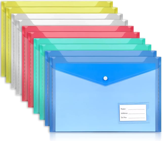 Pack of 10 Plastic Wallets A4 - Plastic Folders A4 of Size 33.5 x 23.5cm for Paperwork with 5 Distinct Color with Label Pocket and Snap Button - Document Wallets A4 for Home, Office, School, Travel