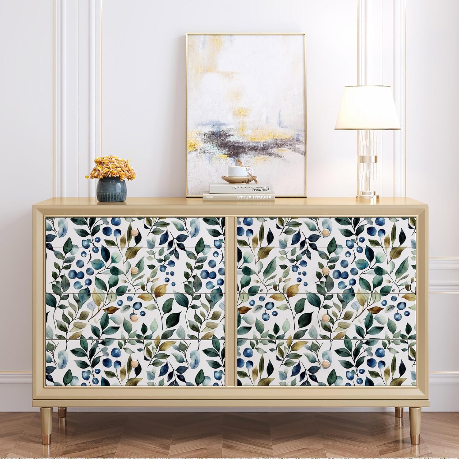 Watercolor Leaves Peel and Stick Wallpaper Blue Green and Brown Self Adhesive Removable Leaf Plants Contact Paper Nursery Bedroom Mural Wall Decorative 17.71"x236.2"