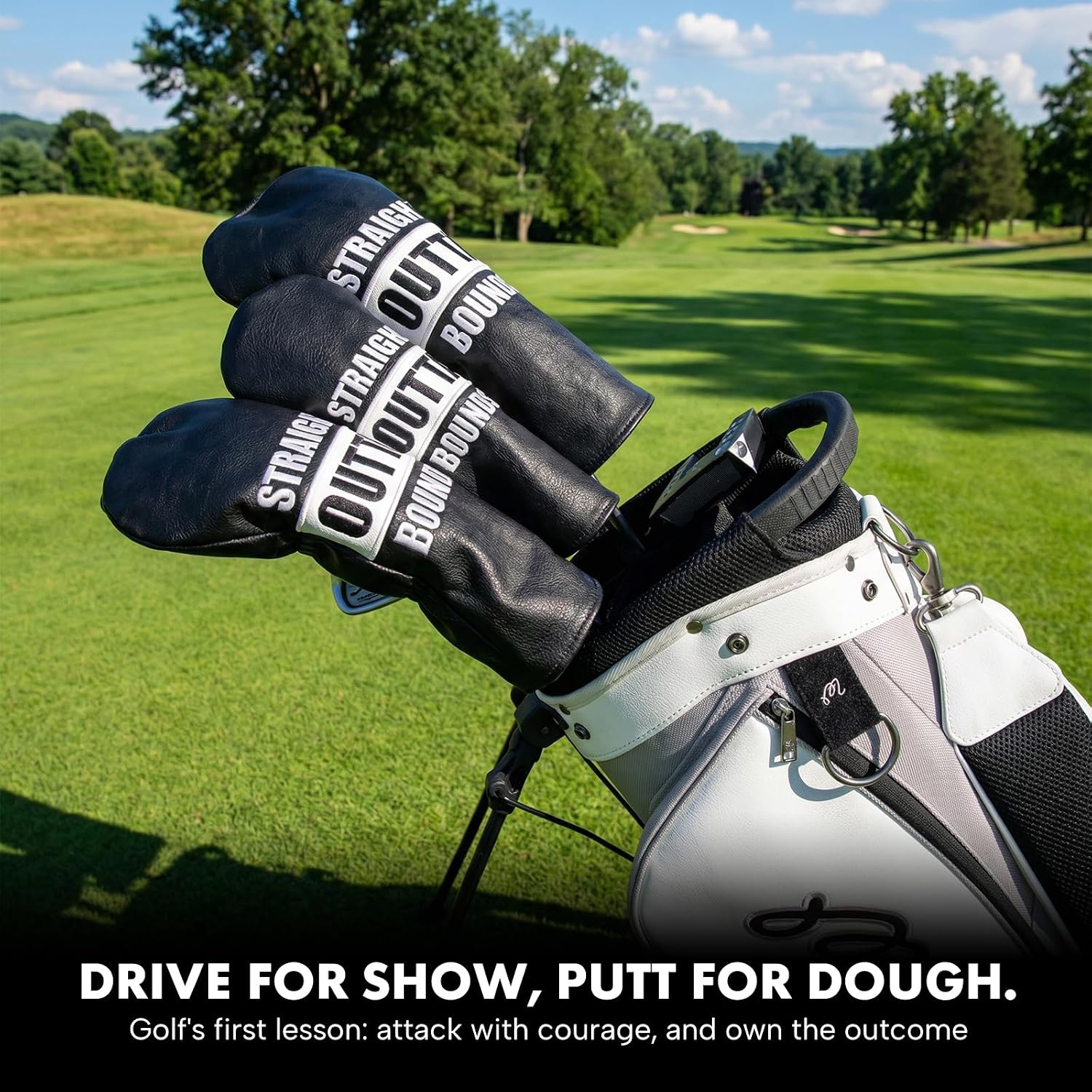Golf Club Head Covers for Driver Cover, Elegant Embroidery Fairway Wood Cover Hybrid Headcover, Premium Leather Golf Headcovers Set Straight Outta Bounds