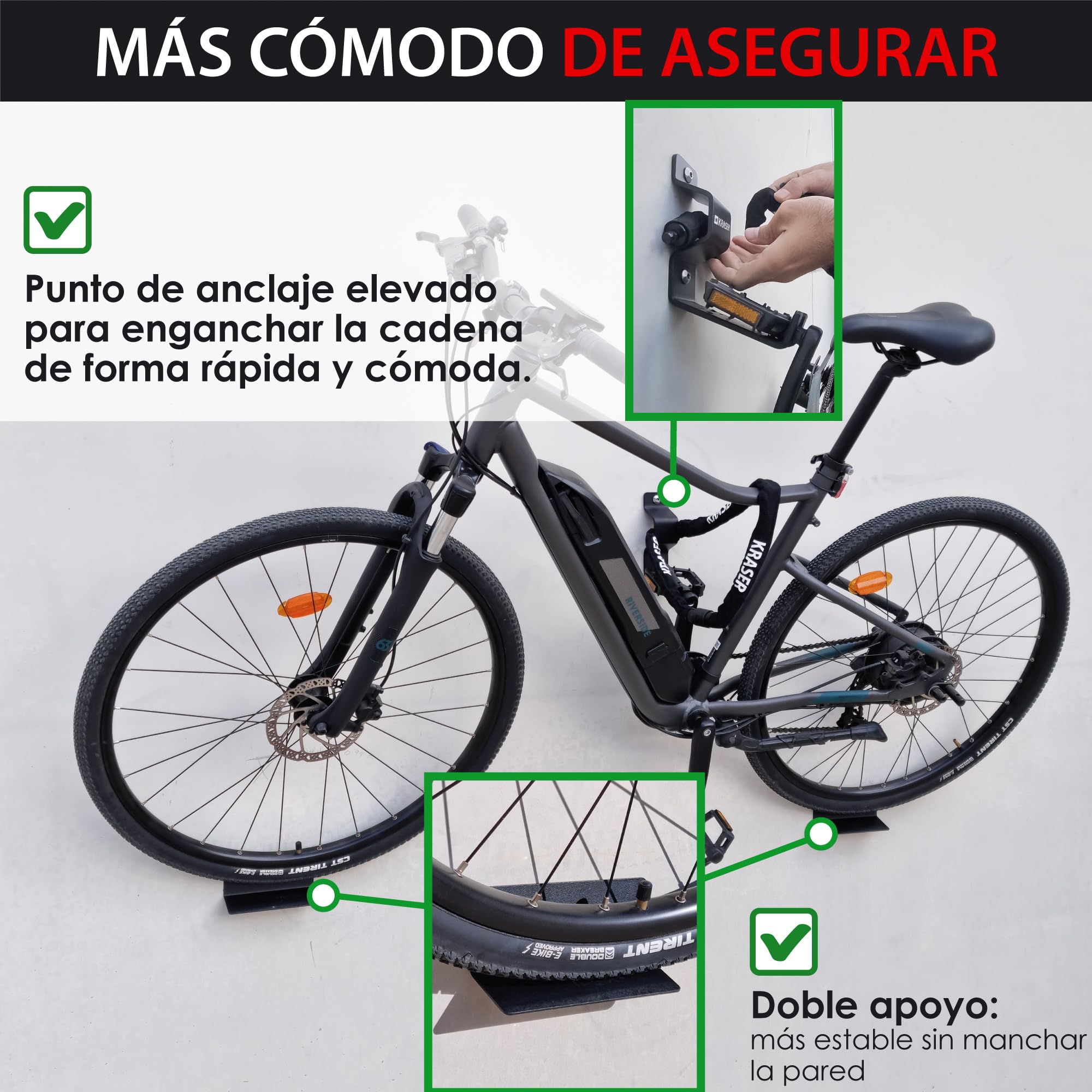 KRASER KR42P Soporte Bicicletas Pared con Anclaje Antirrobo 2en1 | Colgador Bicicleta por Pedal con Punto para Asegurar con Cadena | Doble Apoyo Rueda, Acero Reforzado 5mm | Compatible E-Bike MTB