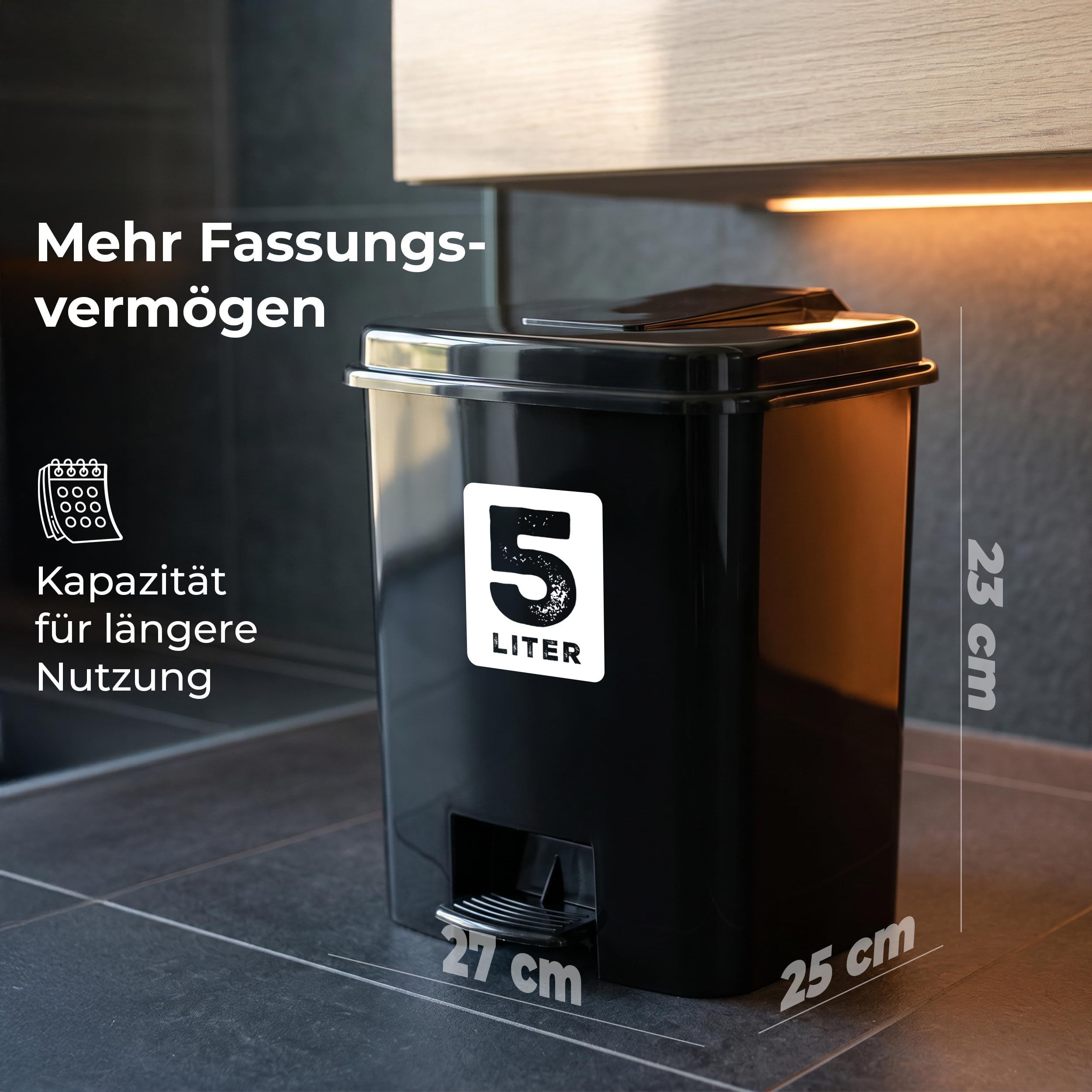 Novaliv Kosmetikeimer 5 L 3er-Set schwarz – 3x Mülleimer Bad mit Pedal & Inneneimer | Badezimmer Tretmülleimer Abfalleimer Vorteilsset für Bad, Gäste-WC & Schlafzimmer, Kunststoff, je 27 x 25 x 23 cm