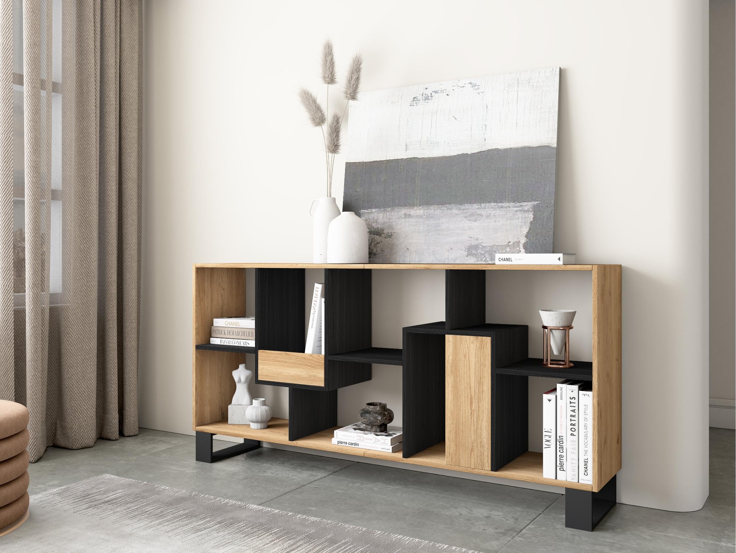Skraut Home | Libreria scaffale | Scaffali in legno a ripiani | 174x67x31cm | Design industriale | Stile moderno | Rovere e nero