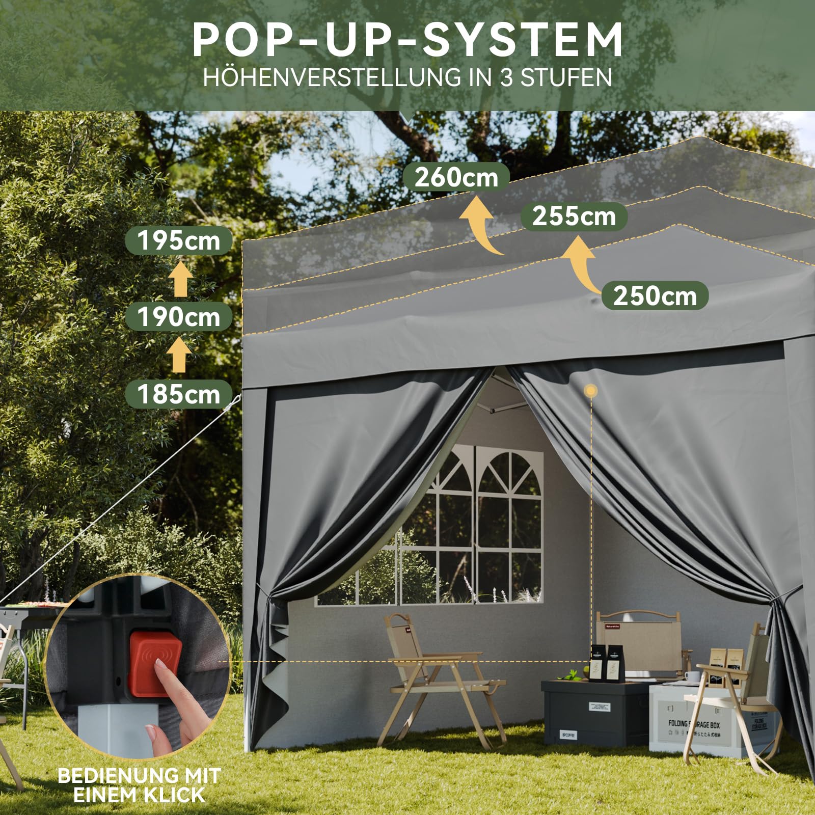 Aoxun Pop Up Pavillon 3x3 Wasserdicht mit 4 Seitenwänden, Metallrahmen-Schutzzelt, Höhe Verstellbar, 3mx3m Faltpavillon mit Tragetasche für Camping Party, Grau
