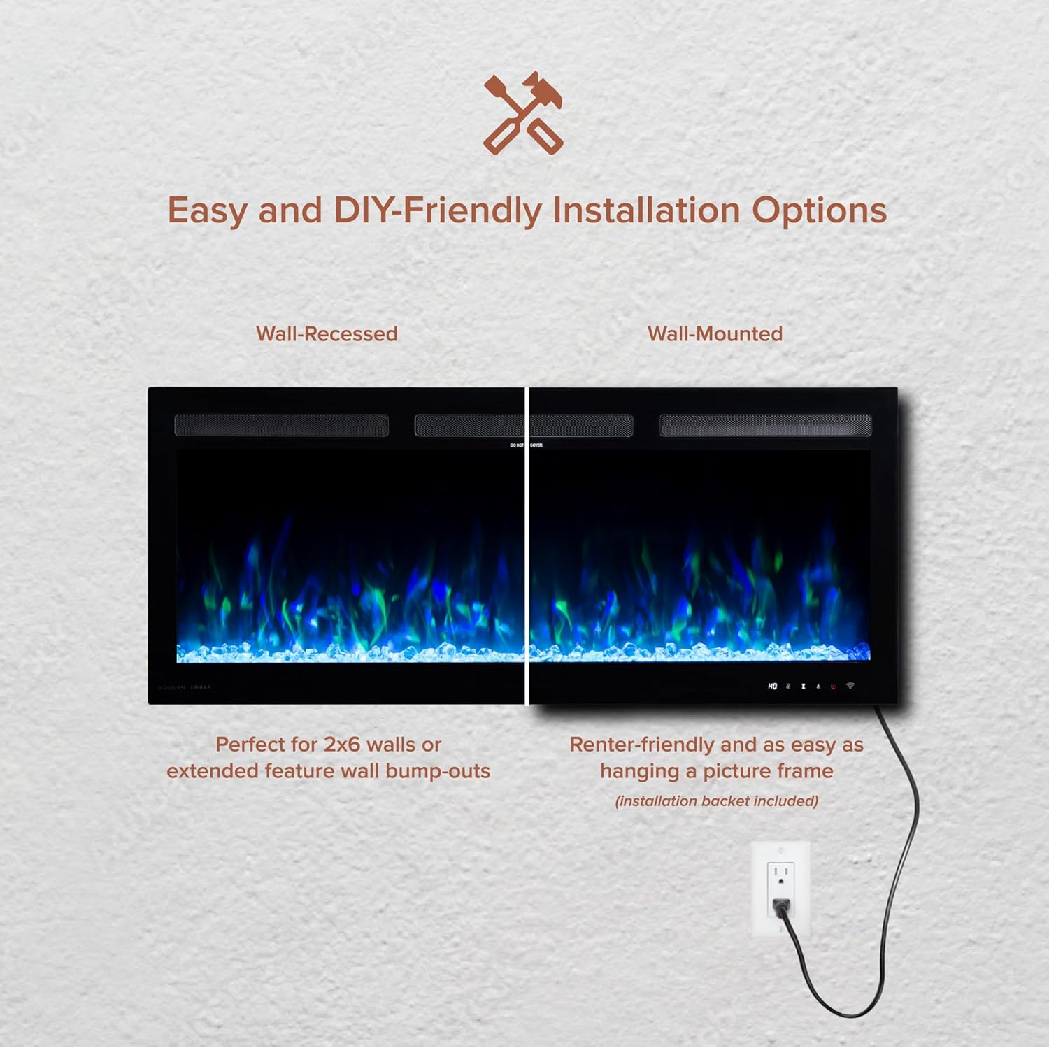 Modern Ember Vibrance 42 Inch Smart Linear Electric Fireplace Insert - Recessed or Wall-Mount, LED Multi-Flame Colors, Alexa/WiFi Enabled - Remote Included - Crystals