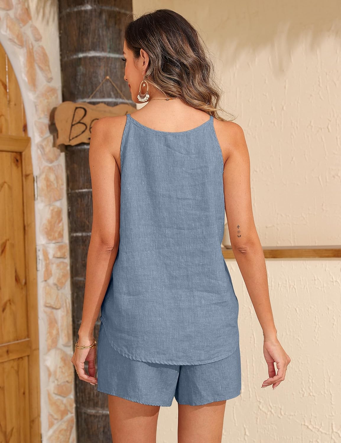 100% Linen Short Set 2 Piece for Women Summer Sleeveless Halter Neck Top High Waist Shorts Travel Beach Lounge Outfits - Image 5