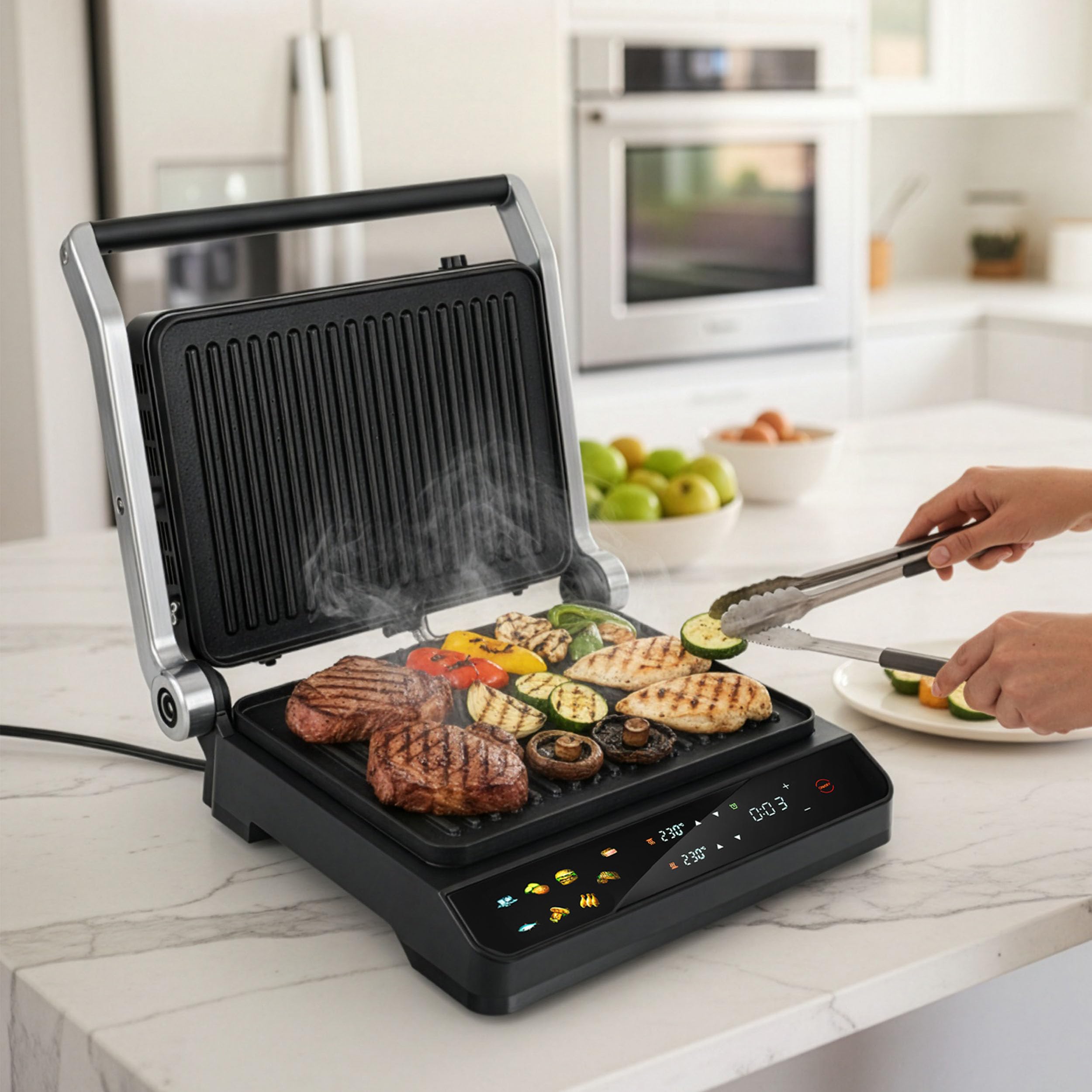 LEHMANN Bistecchiera Elettrica, 2000 W, Apertura 180°, Piastre Antiaderenti Rimovibili, 10 Programmi, Regolazione Temperatura 90-230°C, Timer 1-240 min, Griglia per Cucinare Carne, Pesce e Verdure