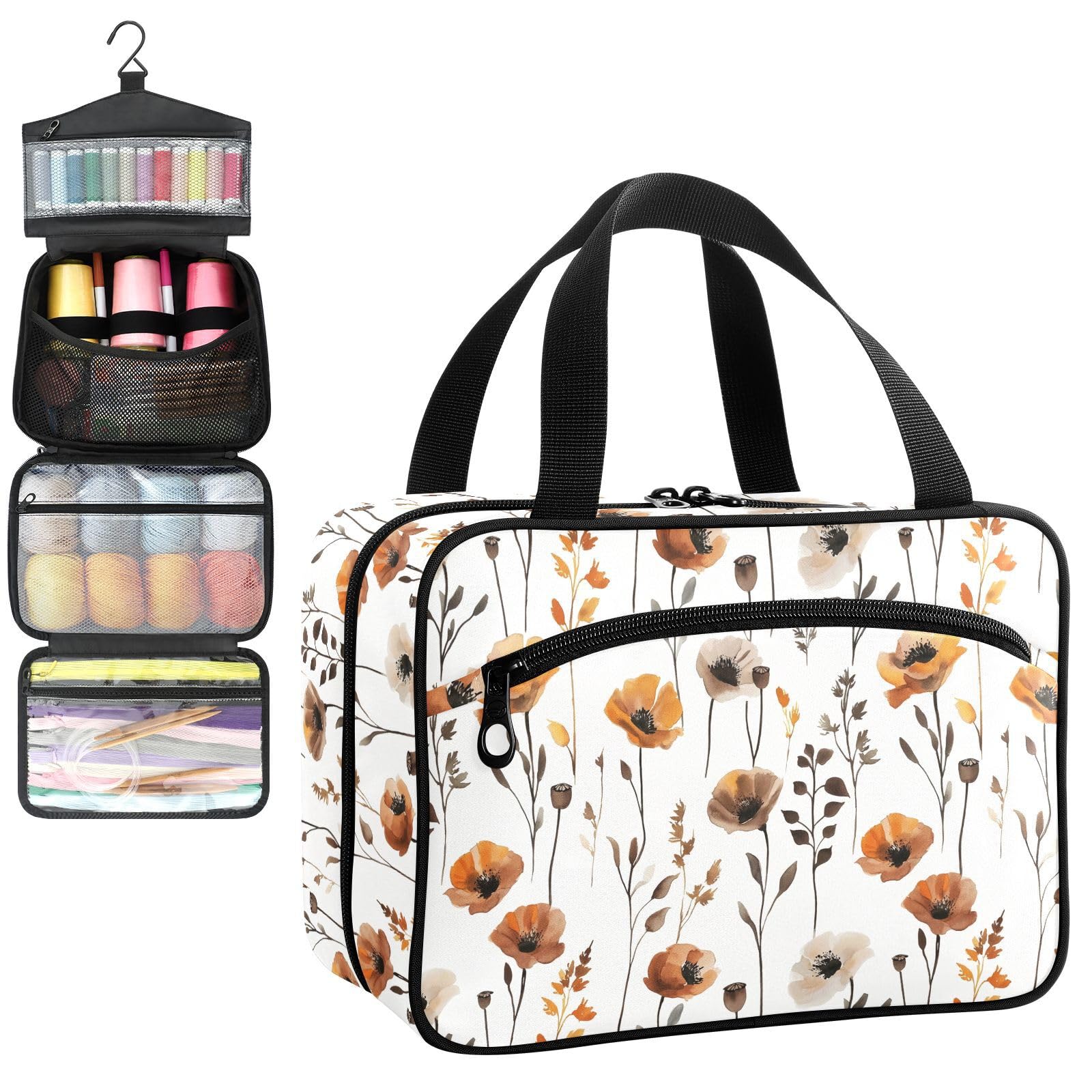 YNNALE Sewing Supply Organizer Bag, Farmhouse Watercolor Brown Poppy Flowers Portable Sewing Bags with Pockets&Hanger, Sewing Storage Box Case for Sew Supplies/Kit/Tools/Accessories (BAG ONLY)