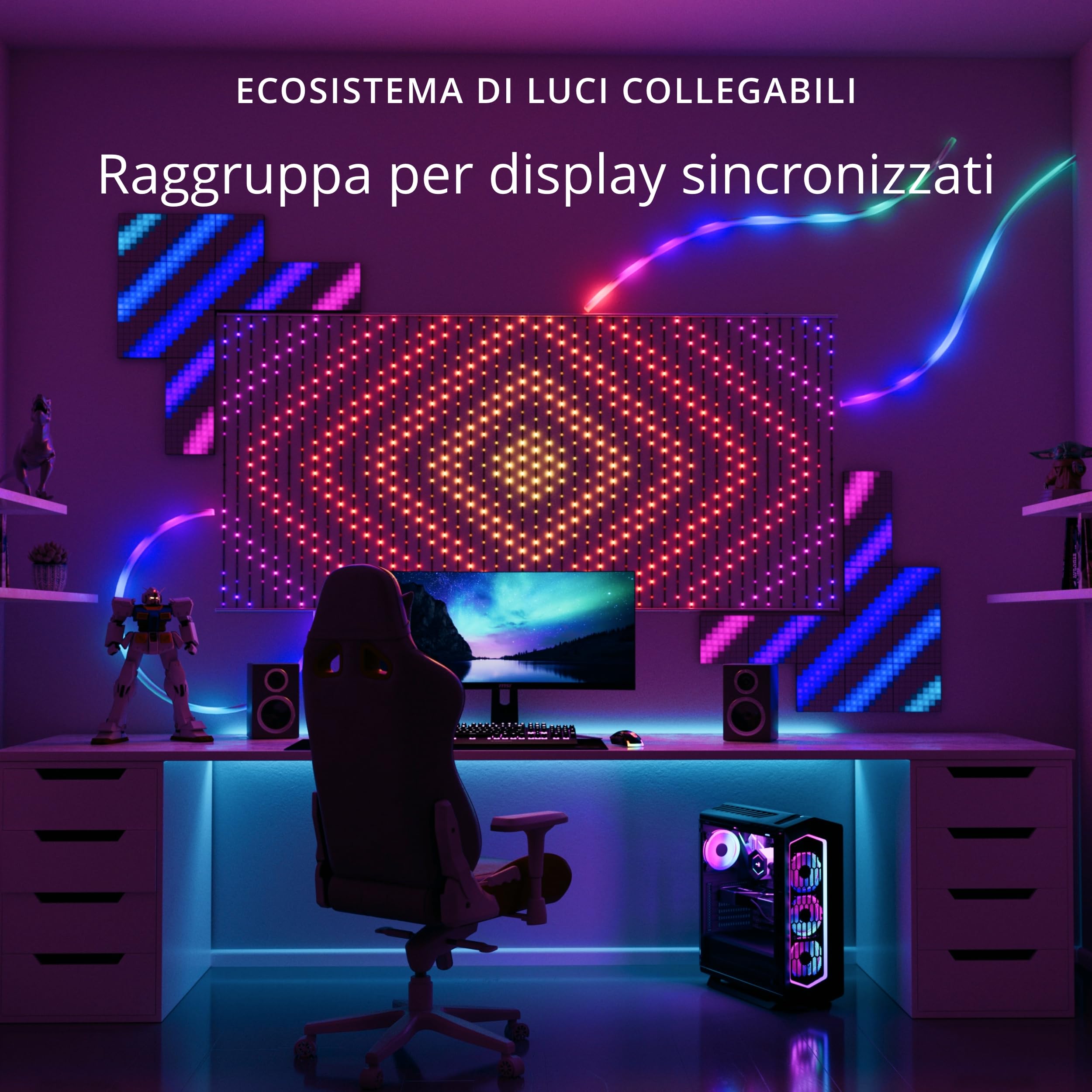 Twinkly Squares Starter Kit, Kit di Pannelli LED RGB, Incluso 1 Pannello Principale e 5 Pannelli di Estensione, Compatibile con HomeKit, Alexa e Google Home, Luci Gaming e Streaming, 16M+ di Colori