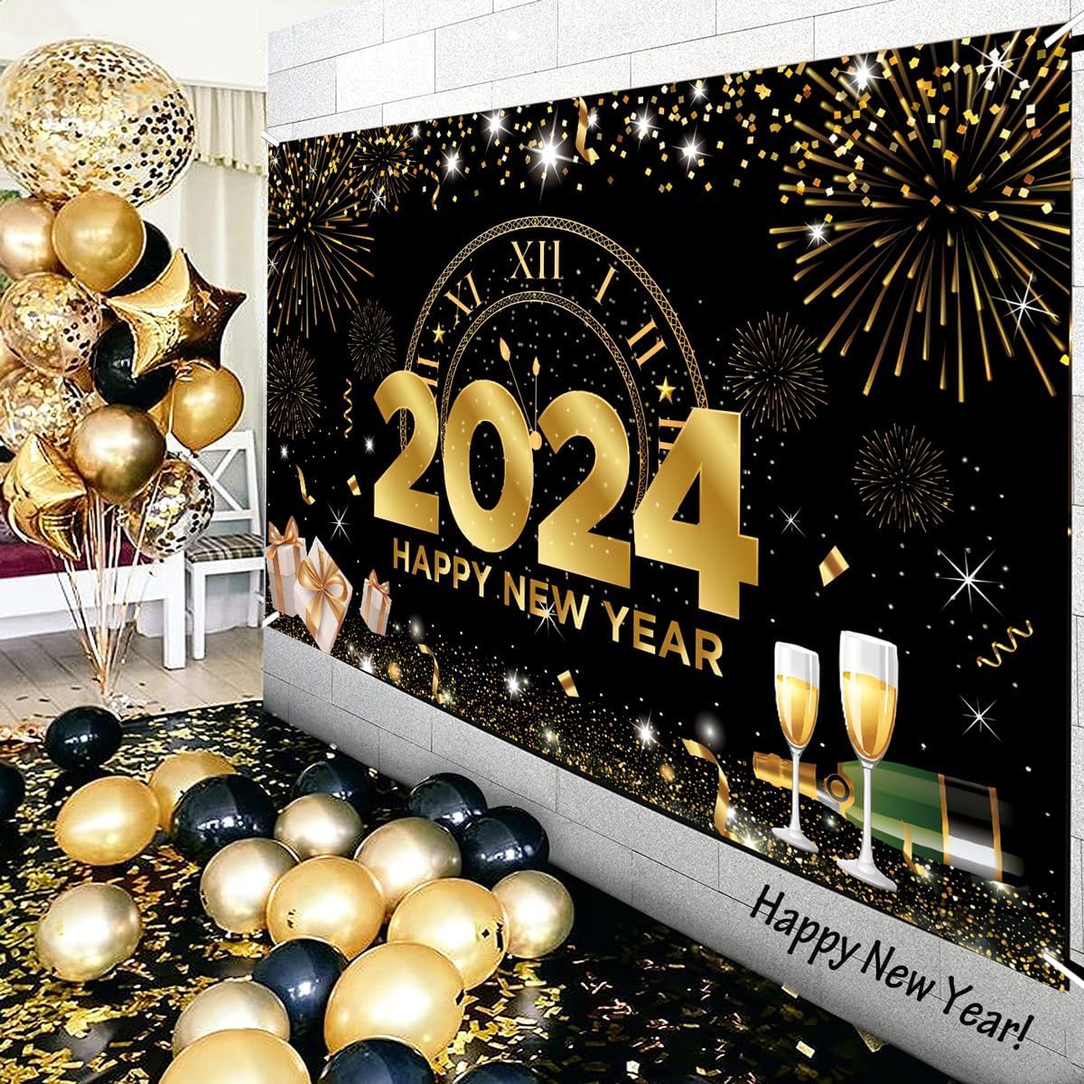 2024 Happy New Year Yard Banner Decorations – Gold & Black Outdoor Party Sign