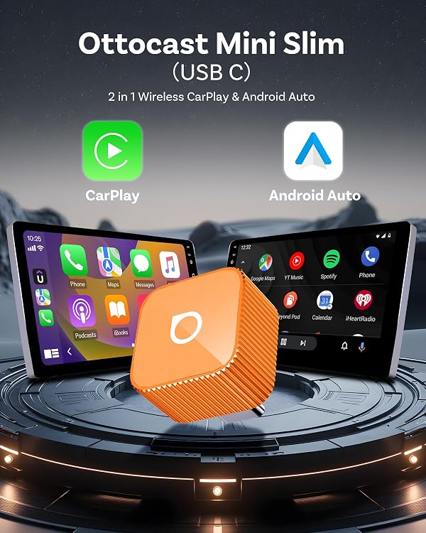 OTTOCAST Mini Cube 3.0 Wireless Carplay Adapter for Apple iPhone, 2-in-1 Car Play Android Auto Adapter, Convert Wired CarPlay to Wireless, Low Latency (Orange, USB C) by OTTOCAST - Used condition - Image 3